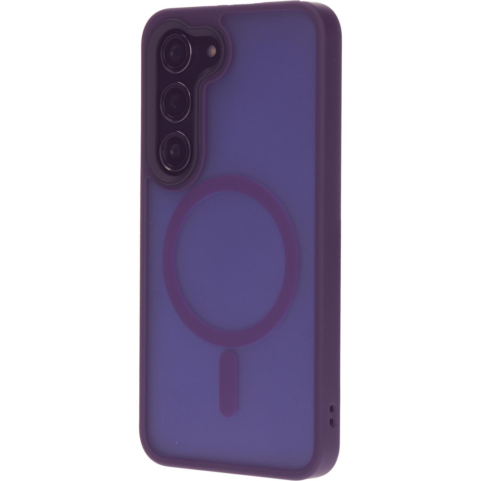 Een paarse telefoonhoes met een paarse cirkel en een camera-ontwerp.