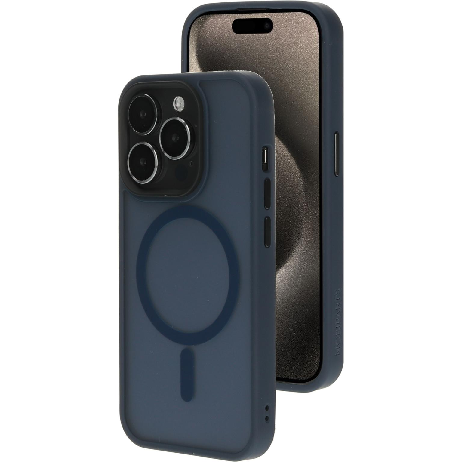 Twee telefoons met donkerblauwe cases. Eén heeft een cirkel, de andere toont een scherm.