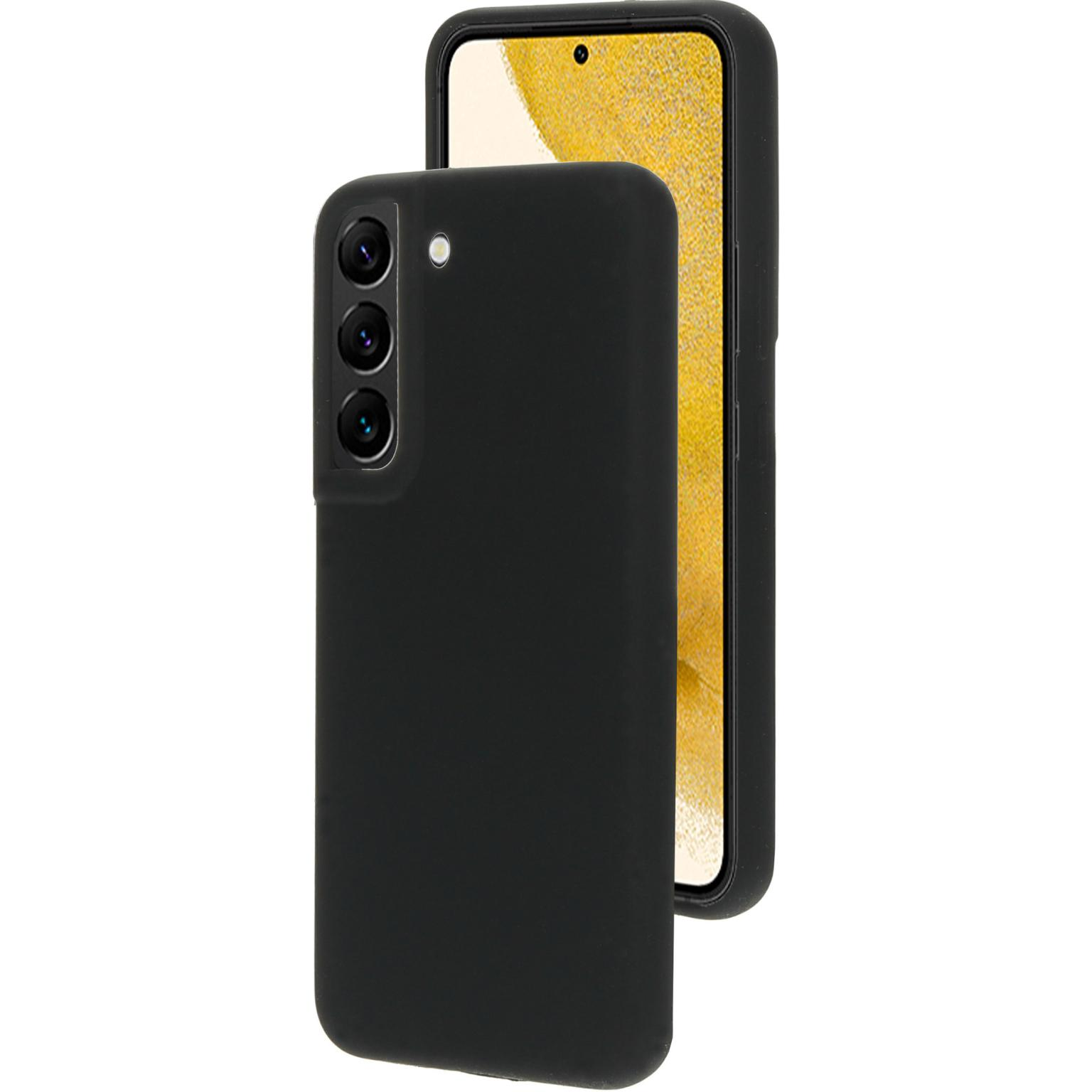 Een zwarte telefoonhoes en telefoon. De telefoonhoes heeft de camera en flitser aan de zijkant.