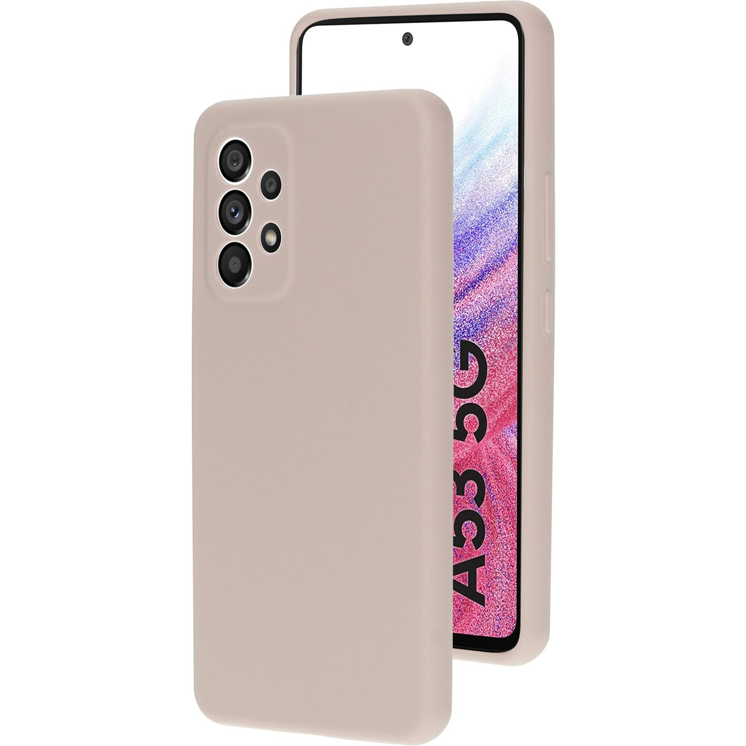 Een beige telefoonhoesje met een telefoon erin. De telefoon heeft een scherm met logo.