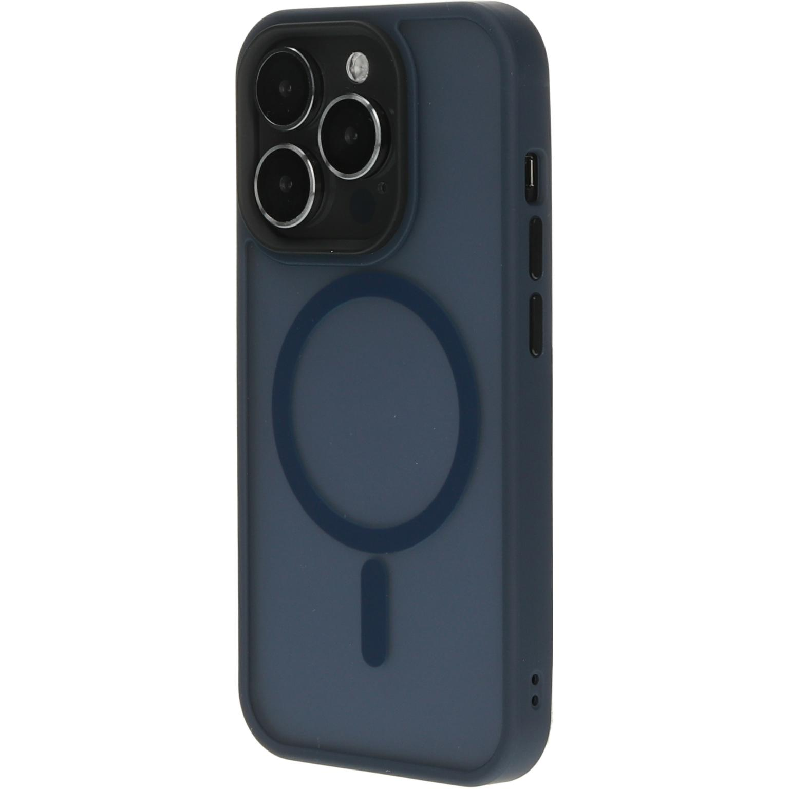 Een donkerblauwe telefoonhoes met een cirkel en een streep. Het heeft camera-uitsparingen en zijknoppen.