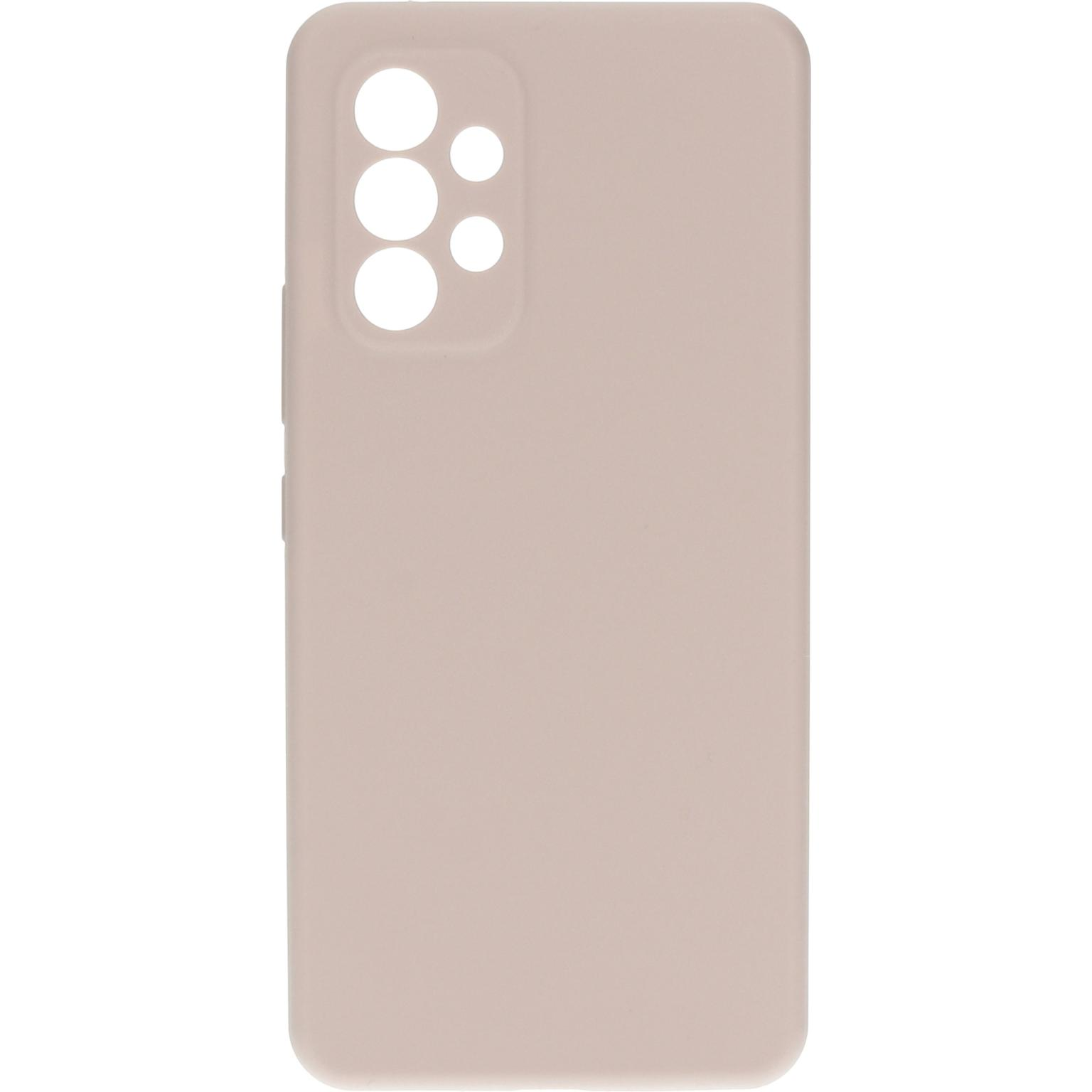 Een beige telefoonhoesje met een gat voor de cameralenzen en andere uitsparingen.