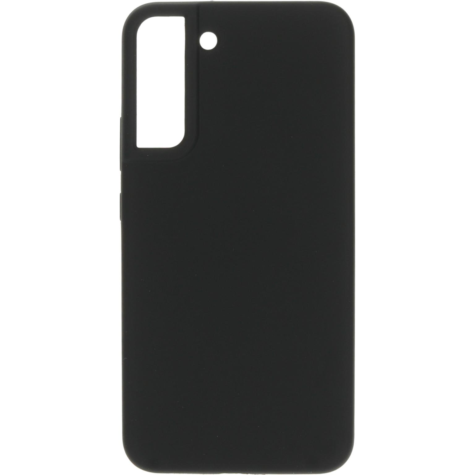 Een zwart telefoonhoesje. Het hoesje is leeg en heeft een cameragat. Het heeft een gat voor de aan/uit-knop en volumeknoppen.