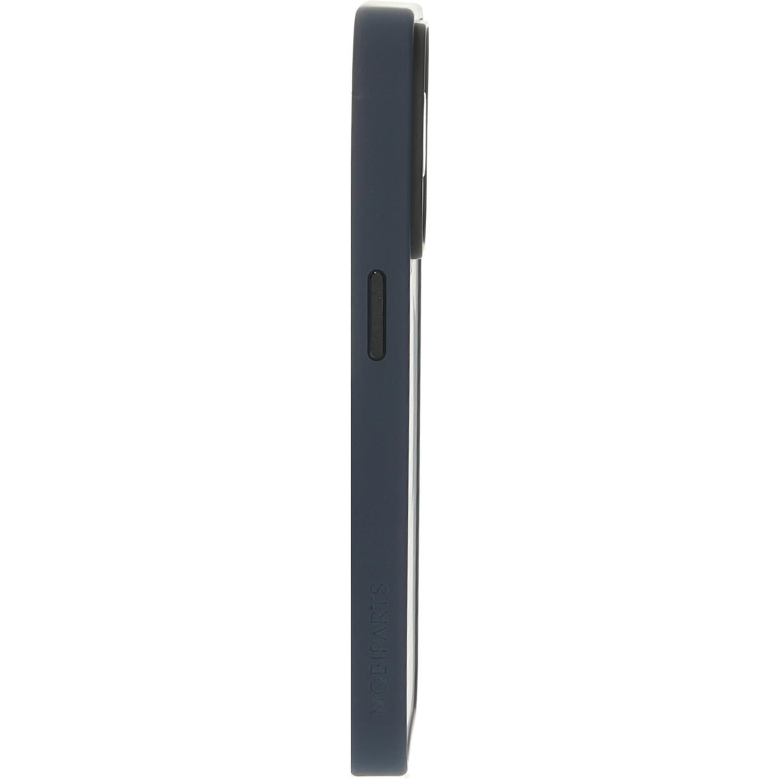 Zijaanzicht van een donkerblauwe telefoonhoes. De hoes heeft een lichte curve en een knop.