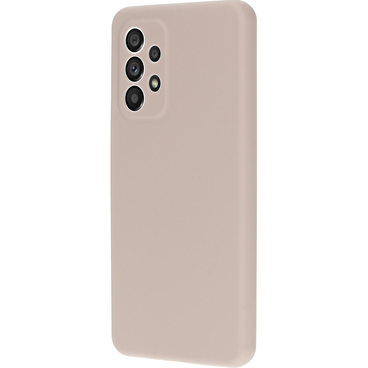Een lichtroze telefoonhoes met een camera-uitsparing en meerdere lenzen.