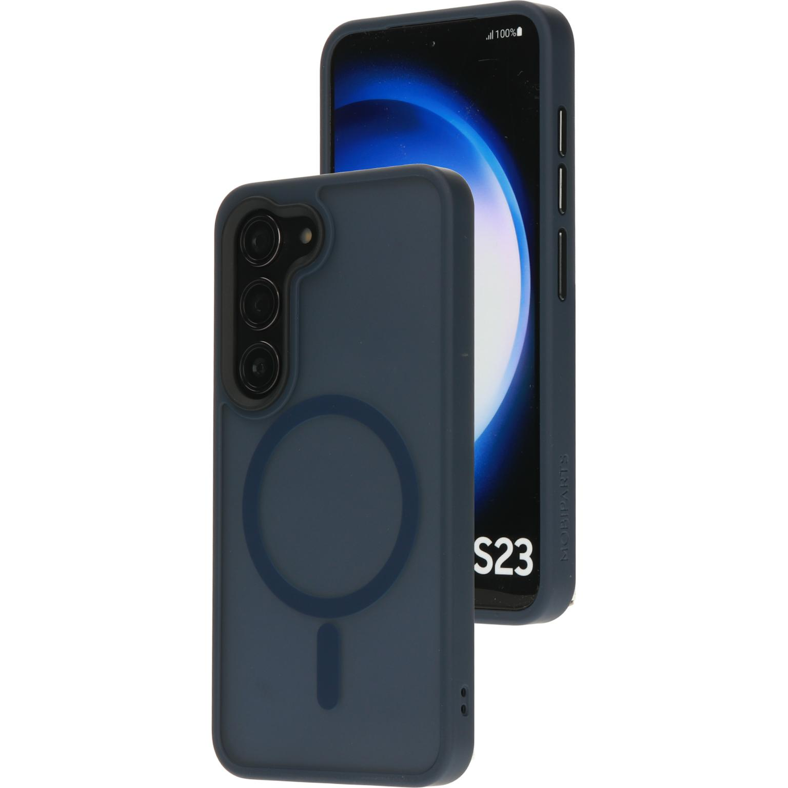 Donkerblauwe telefoonhoes met telefoon erin. S23 bedrukt.