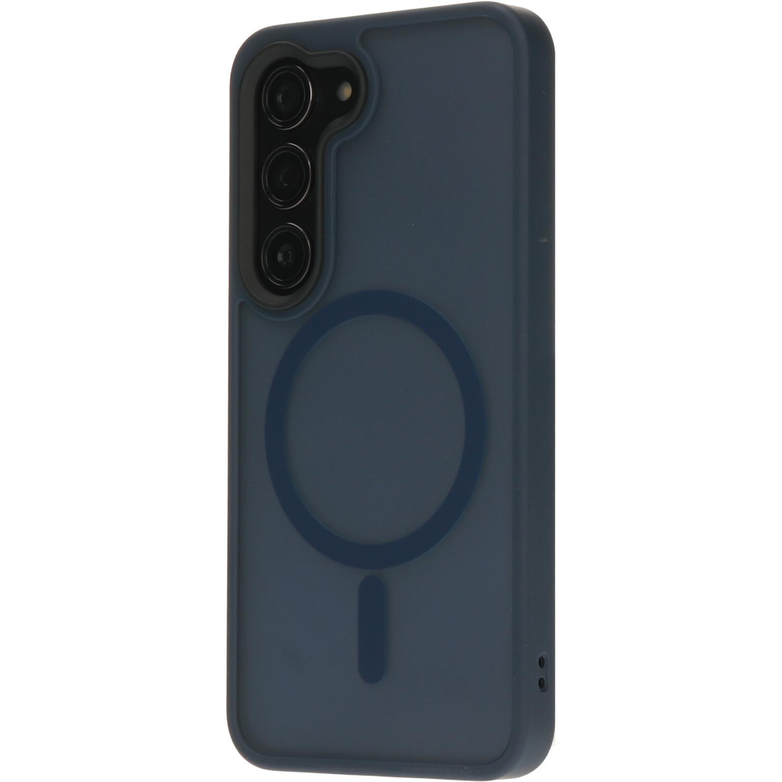 Blauwe telefoonhoes met een camera-uitsparing en een cirkelontwerp.