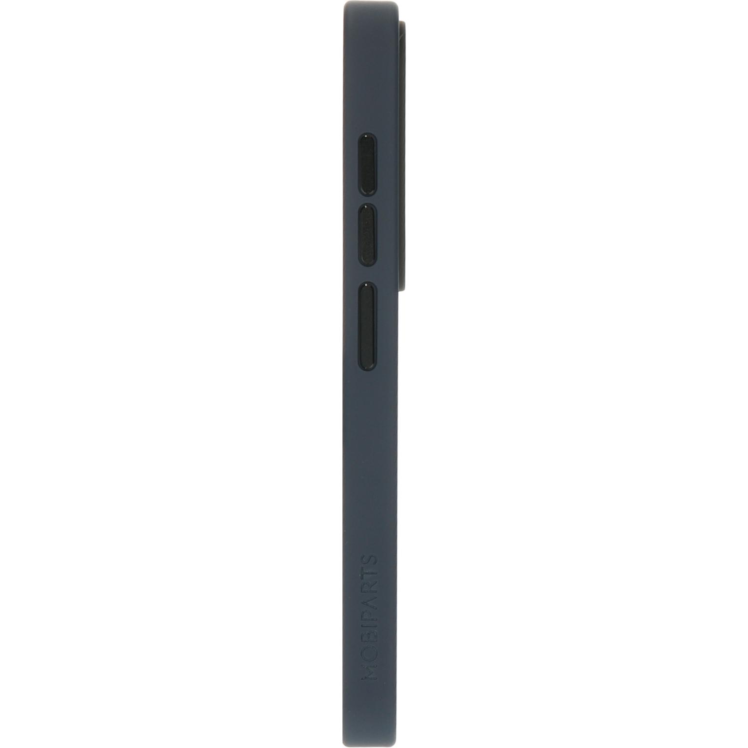 Donkerblauwe telefoon. De zijkant van de telefoon, met knoppen. MOBIPARTS-tekst op de zijkant.