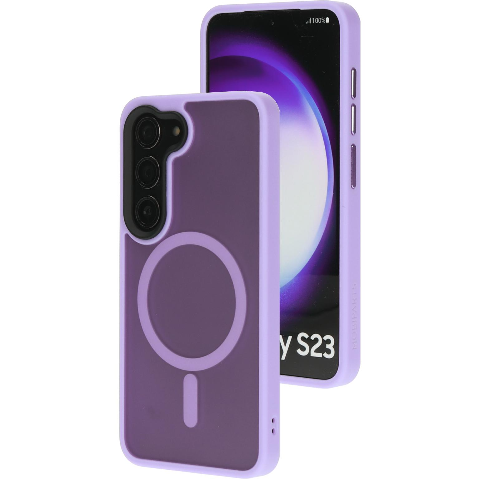 Twee telefoons met paarse cases. Eén heeft een cirkel, de andere toont een scherm. Tekst 'y S23'.