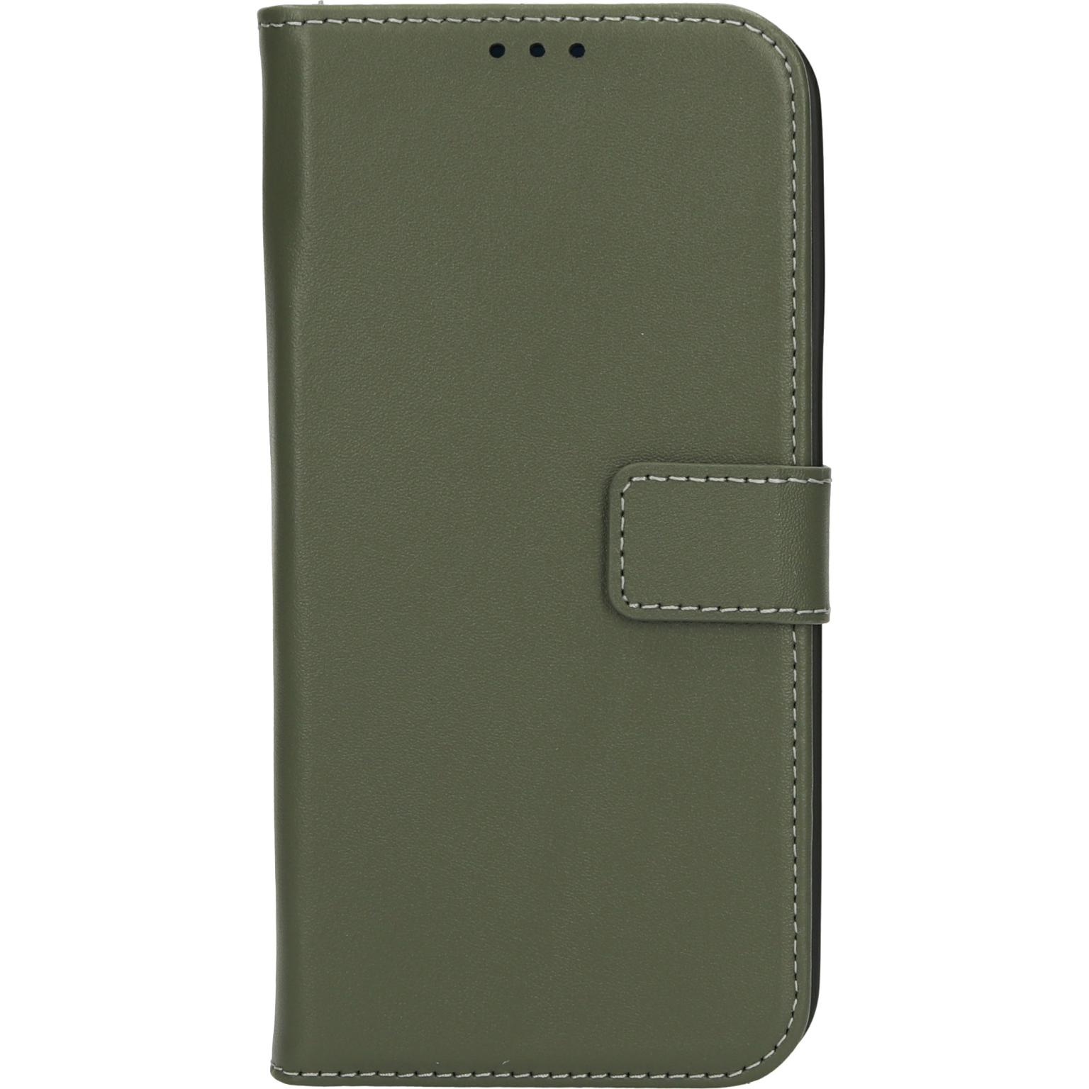 Green phone case closed, with a magnetic clasp.