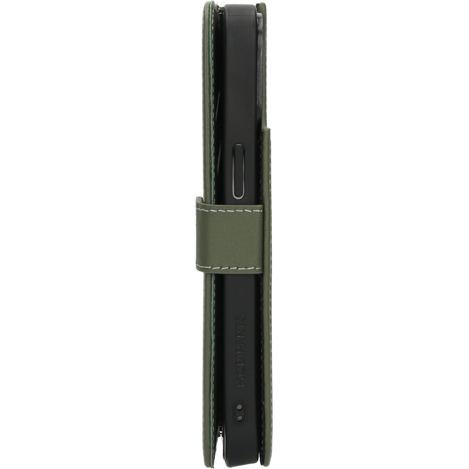 Green phone wallet case with a phone inside, side view.