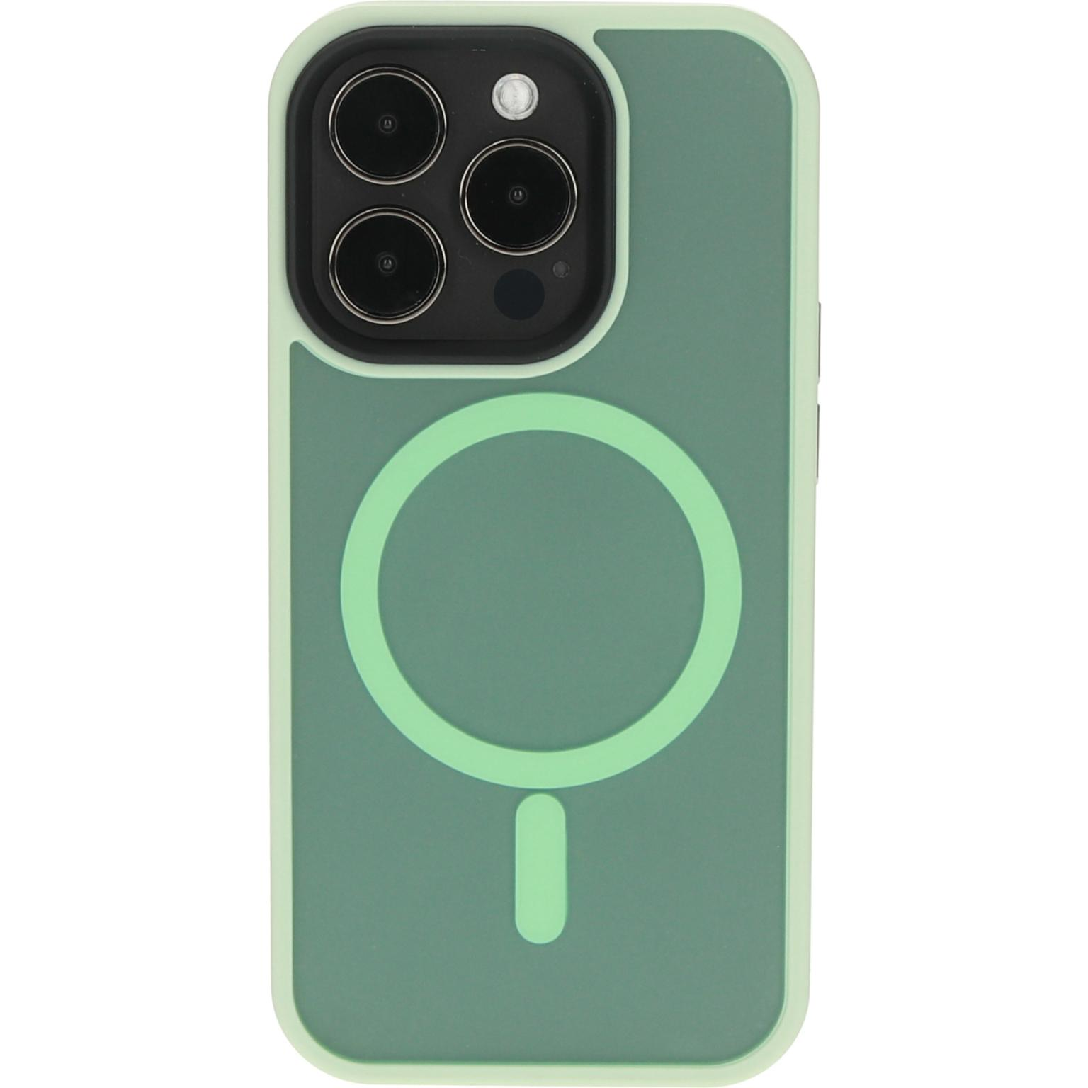 Groene telefoonhoes met een lichtgroene magnetische cirkel. De hoes heeft een camera-opening.