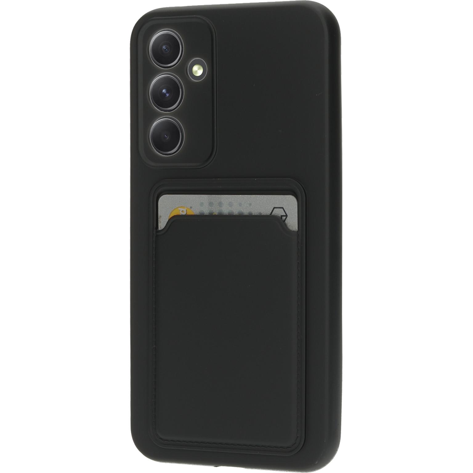 Zwarte telefoonhoes met kaartsleuf. Strak design, praktische functie.