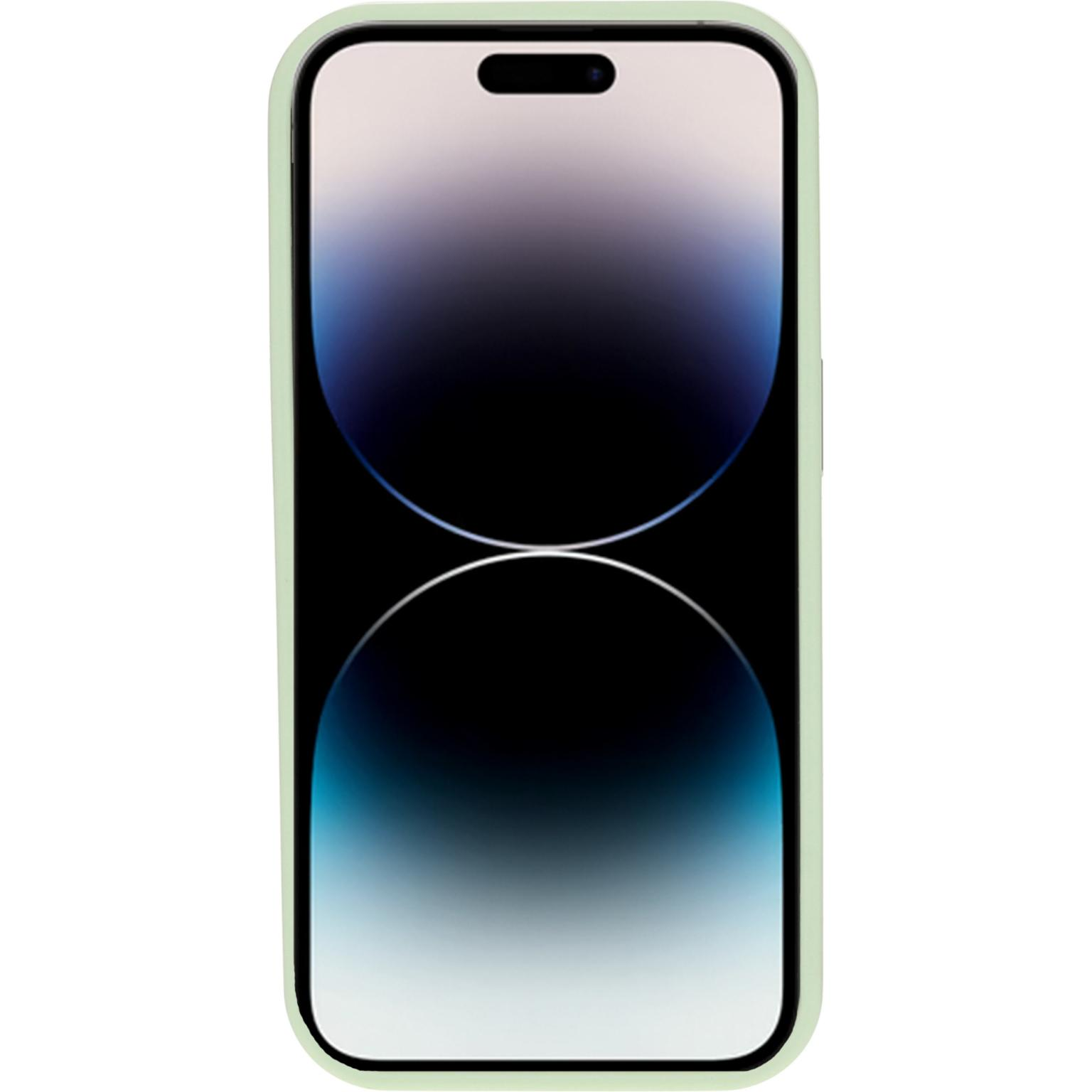 Lichtgroene telefoonhoes met een telefoon erin. Het telefoonscherm is een verloop.