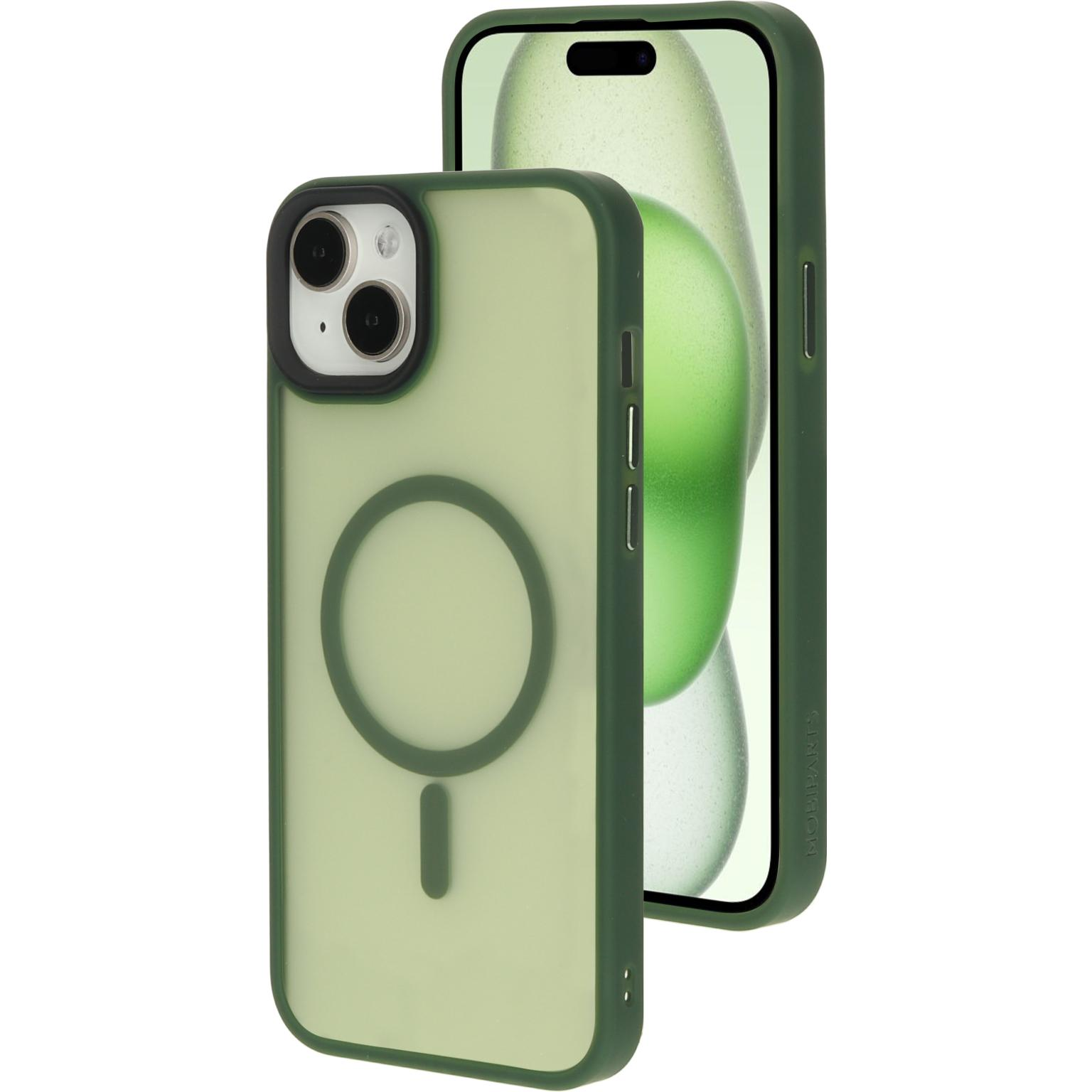 Twee groene telefoonhoesjes. Eén heeft een magnetische bevestiging aan de achterkant. Beide hebben camera-uitsparingen.