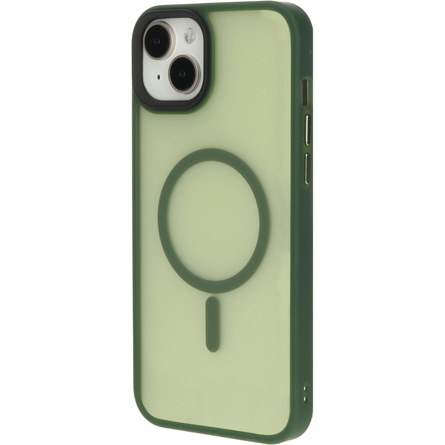 Een groene telefoonhoes met een donkergroene cirkel en camera-ontwerp.