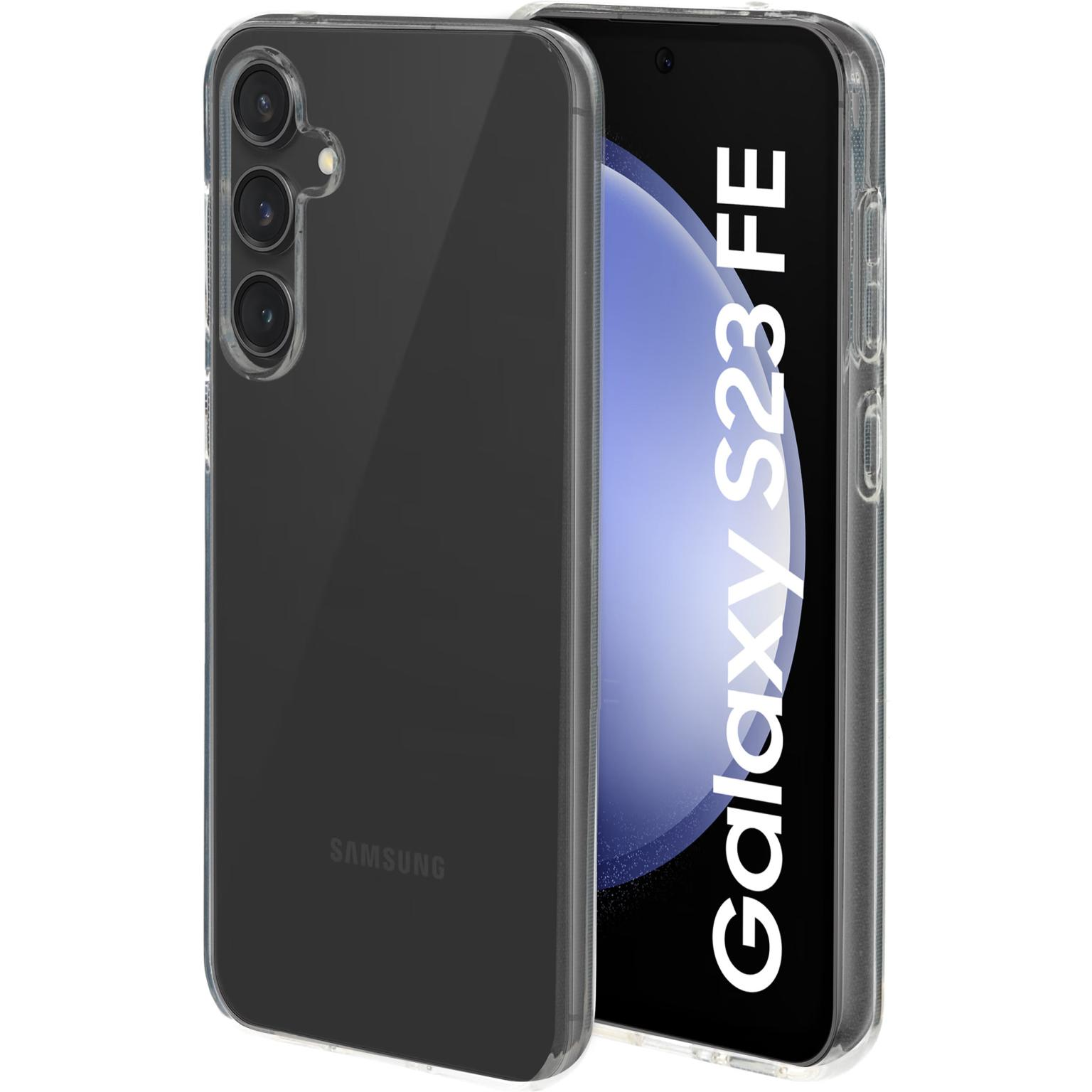 Een doorzichtige telefoonhoes met een telefoon erin. De telefoon toont “Galaxy S23 FE”. Witte achtergrond.