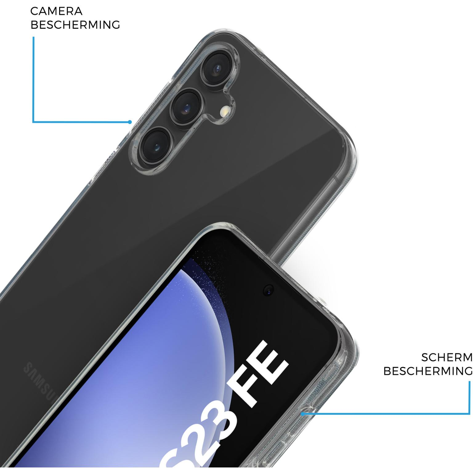 Transparante telefoonhoes, telefoon zichtbaar.