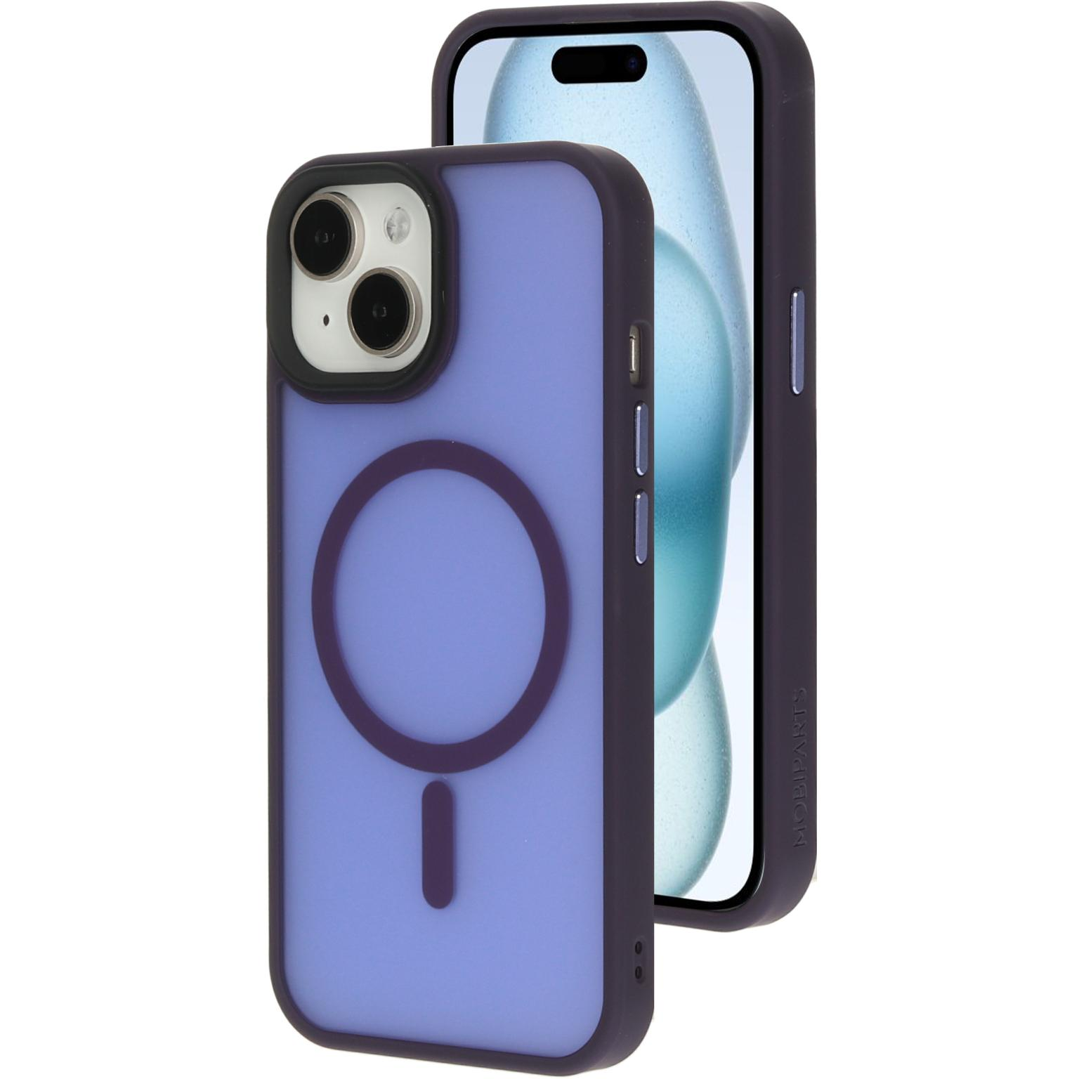 Paarse telefoonhoes met zwarte ring. Telefoonhoes en telefoon naast elkaar. Schuine opname.
