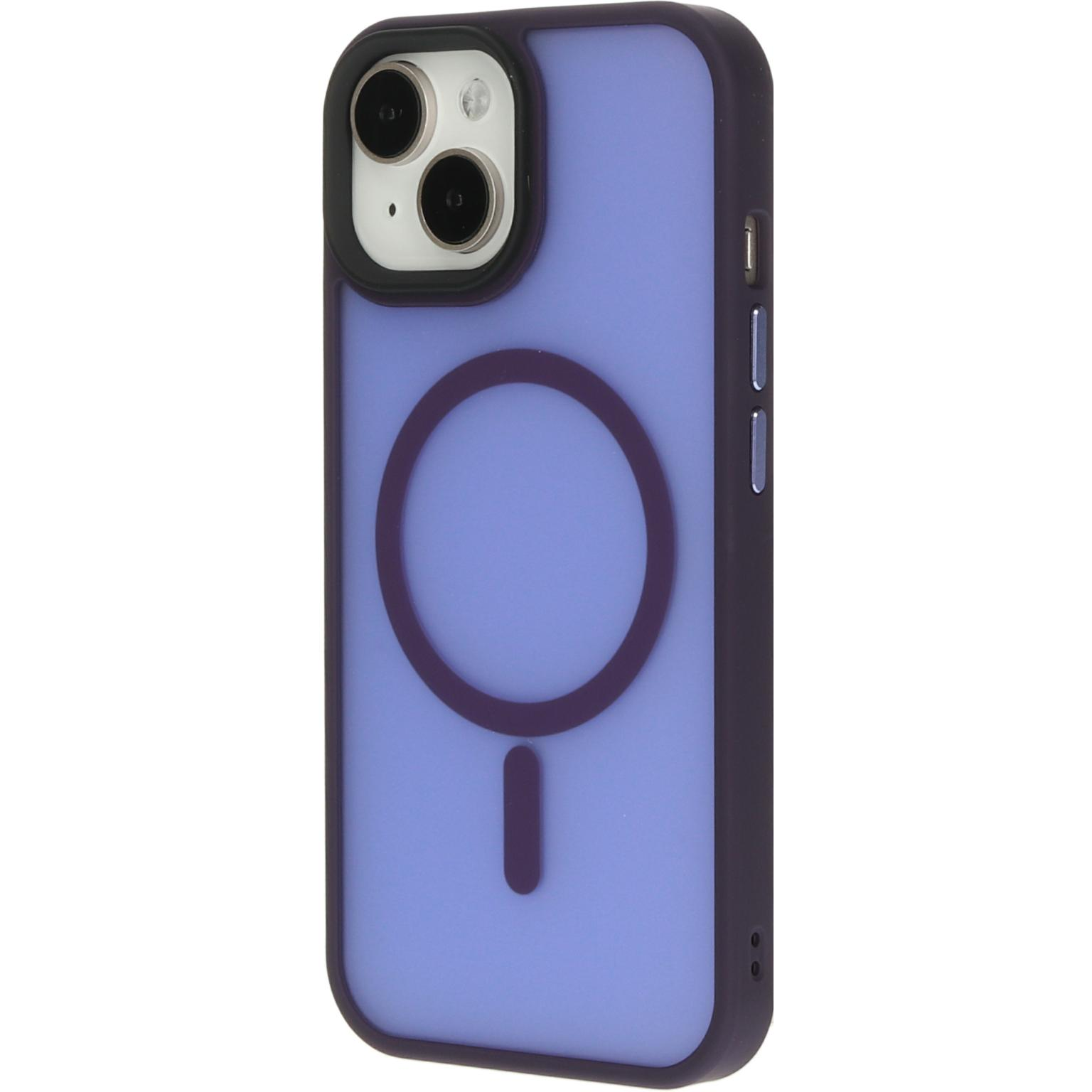 Een paarse telefoonhoes met een zwarte rand en een cirkel. De telefoon staat op zijn kant.