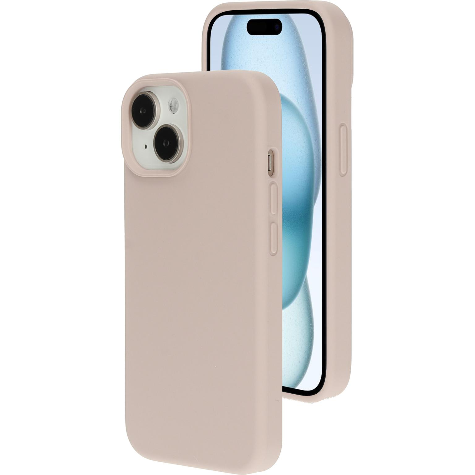 Twee beige telefoonhoesjes met een telefoon erin. Het scherm van de telefoon staat aan.