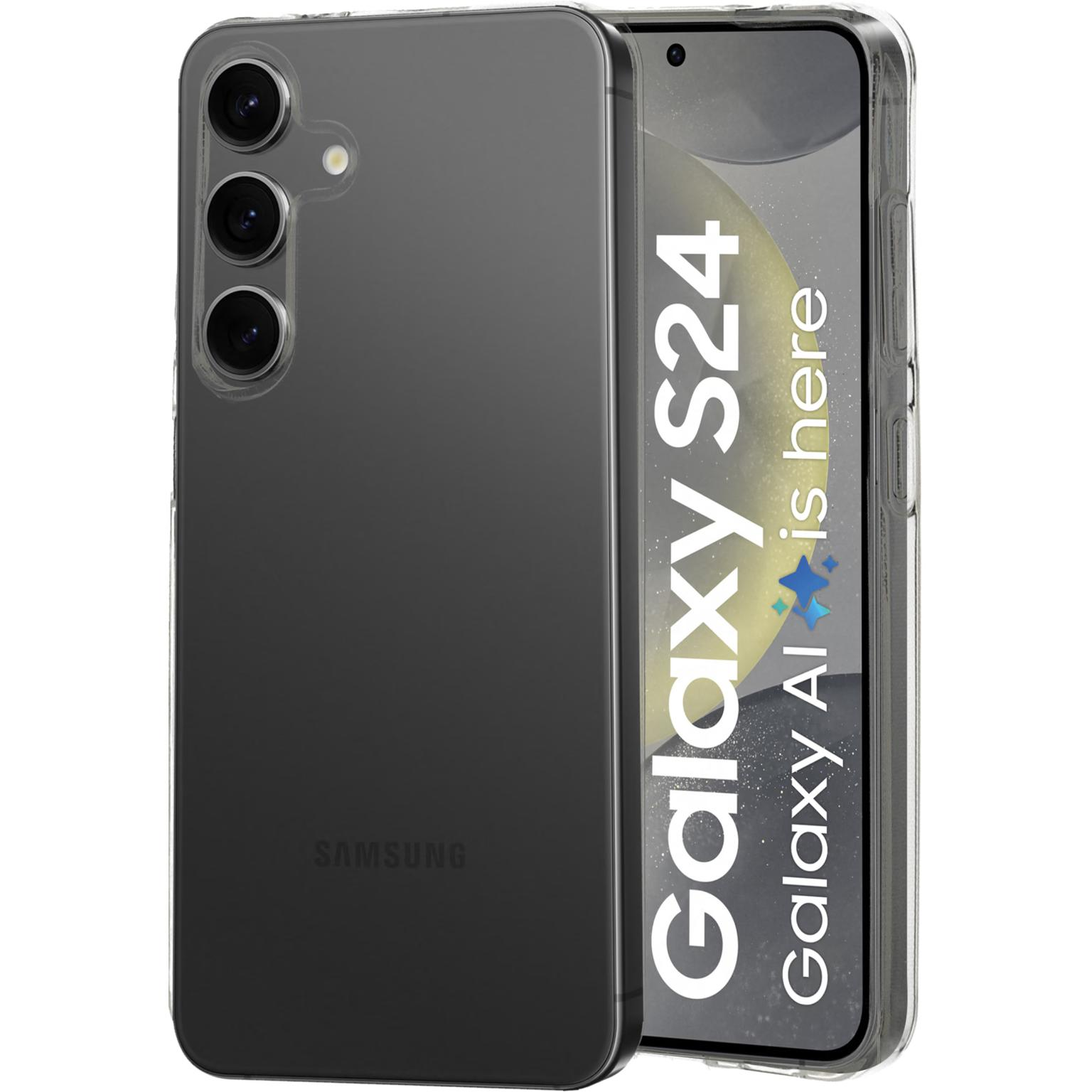 Een doorzichtige telefoonhoes en telefoon. Het scherm toont 'Galaxy S24' en 'Galaxy AI'.
