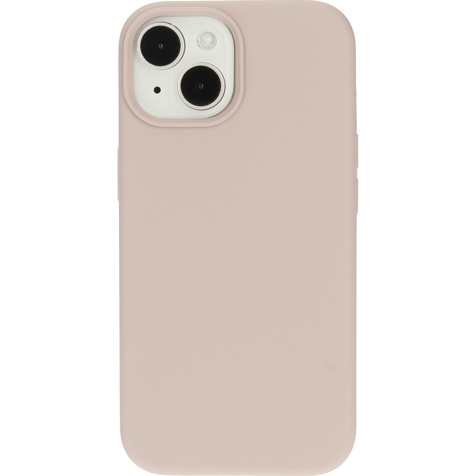 Een lichtroze telefoonhoesje, met het cameragedeelte zichtbaar. Witte achtergrond.
