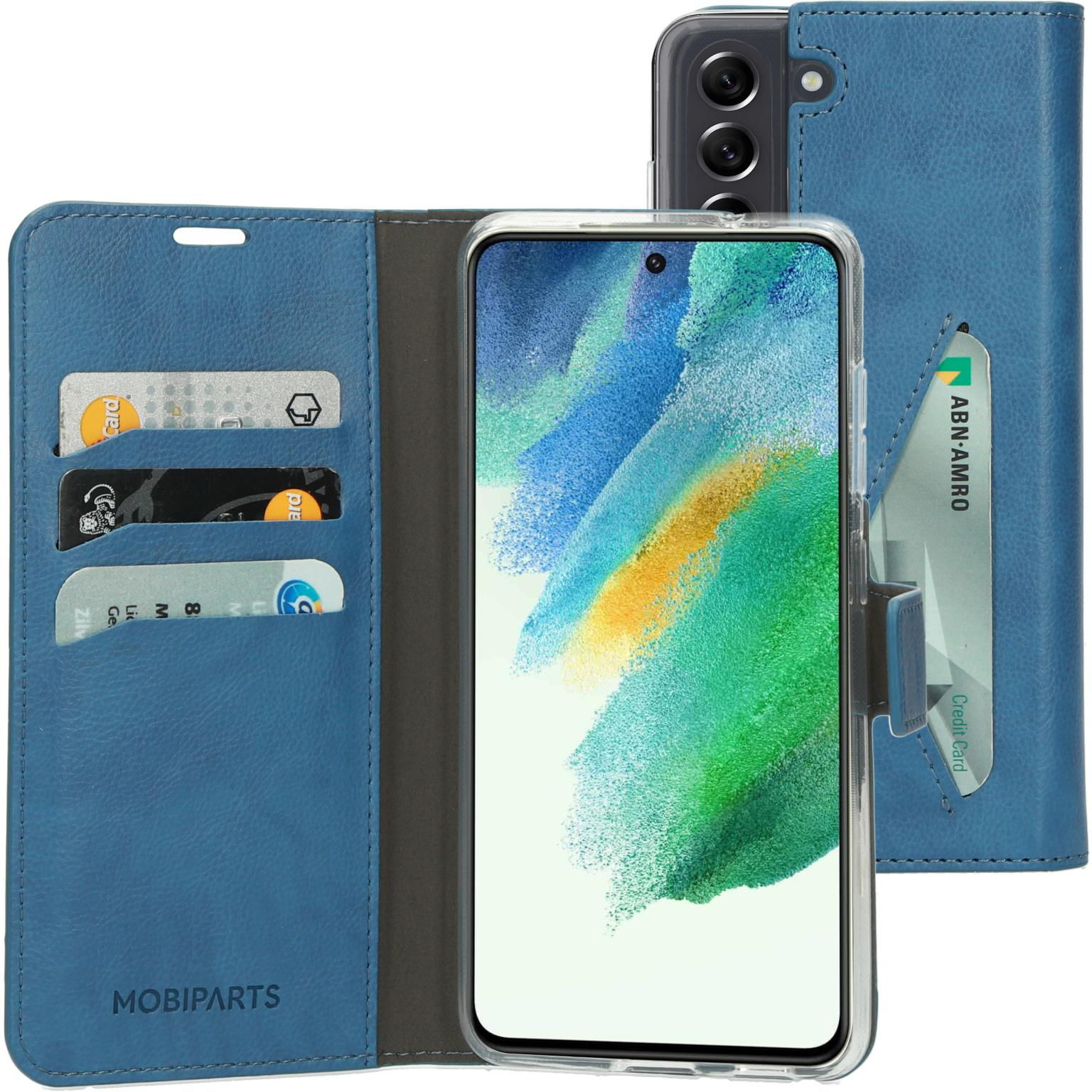 Blue phone case with cards and phone visible.
