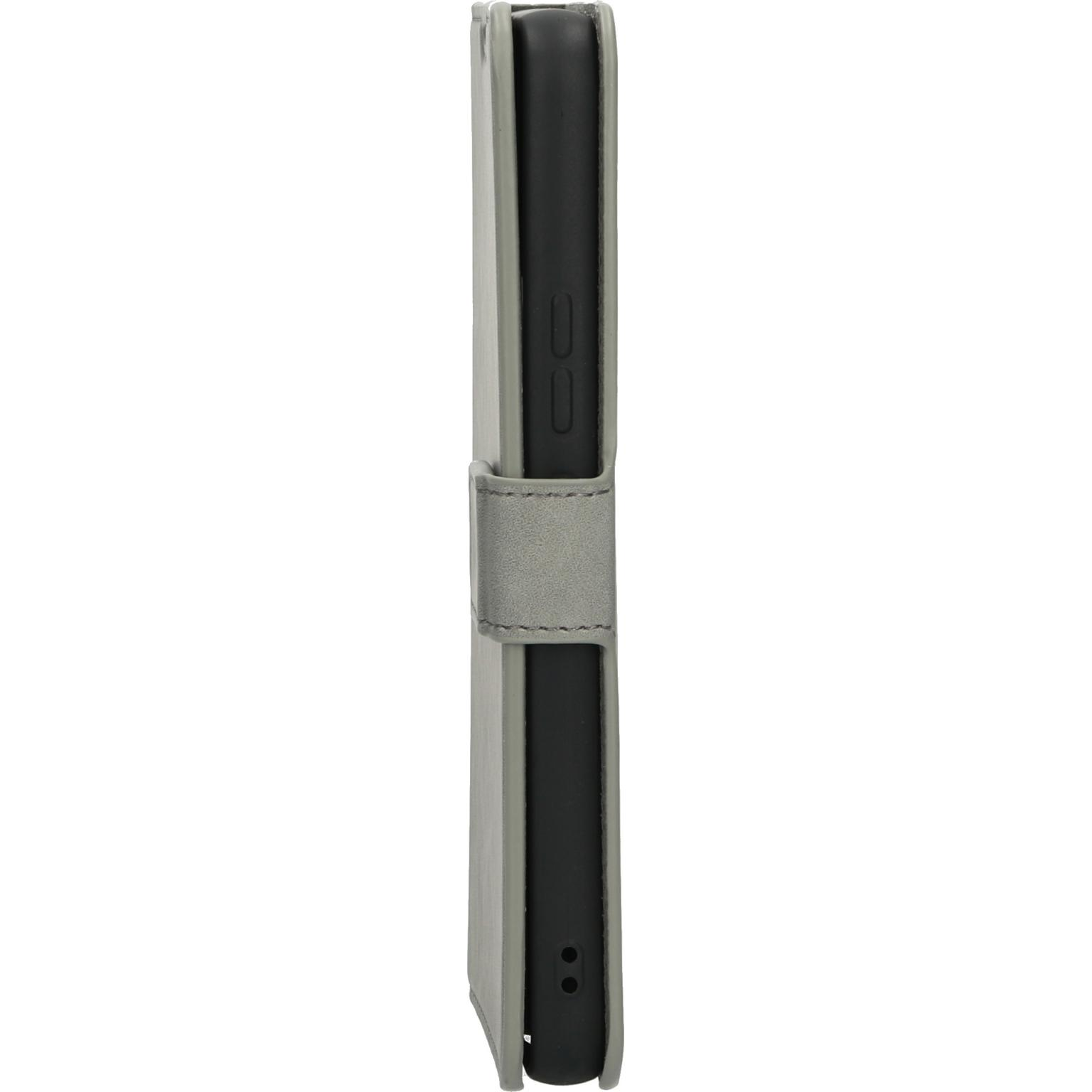 Een telefoon in een grijze, gesloten flipcase.