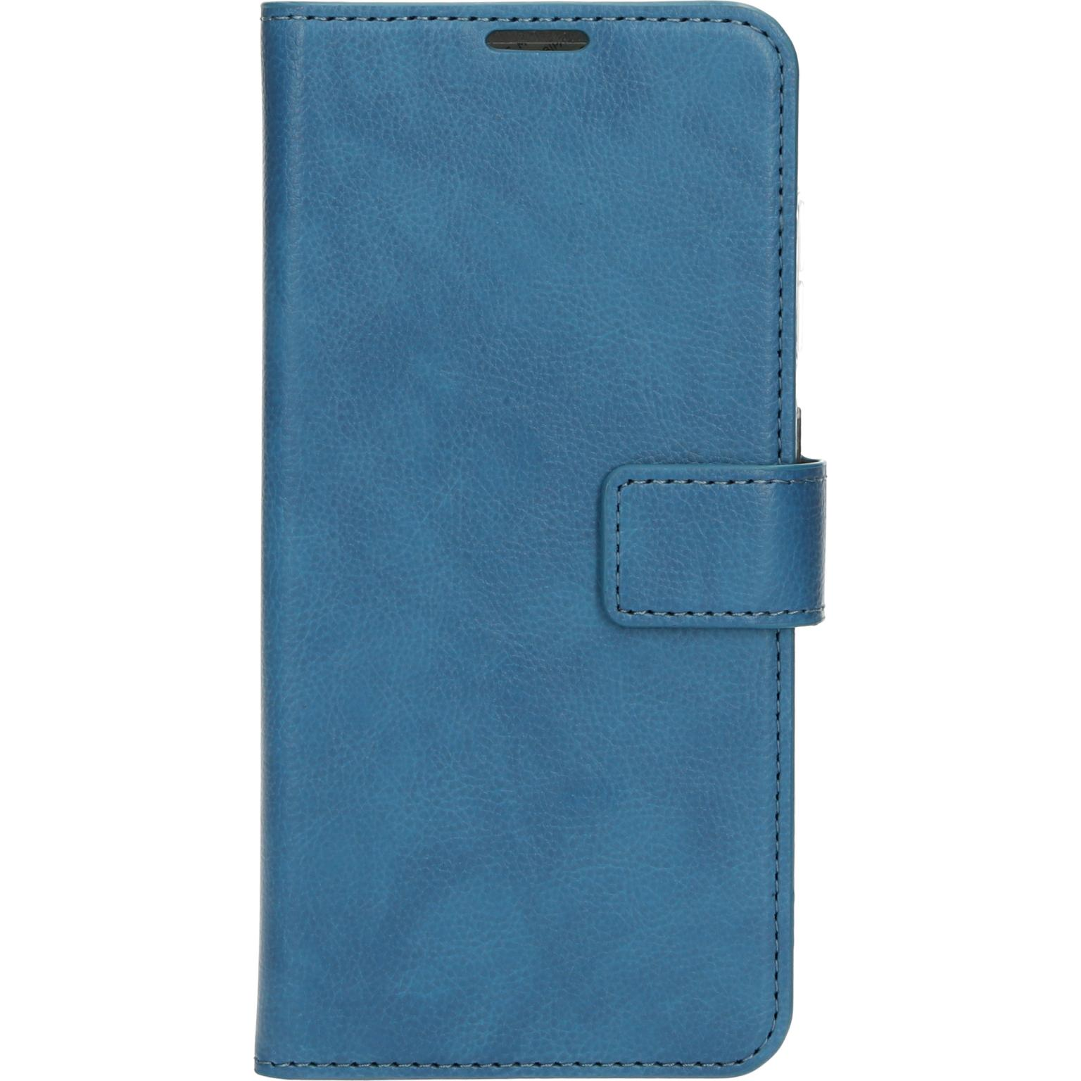 Blue phone case, closed. The case is on a white background. The case is a book-style case.