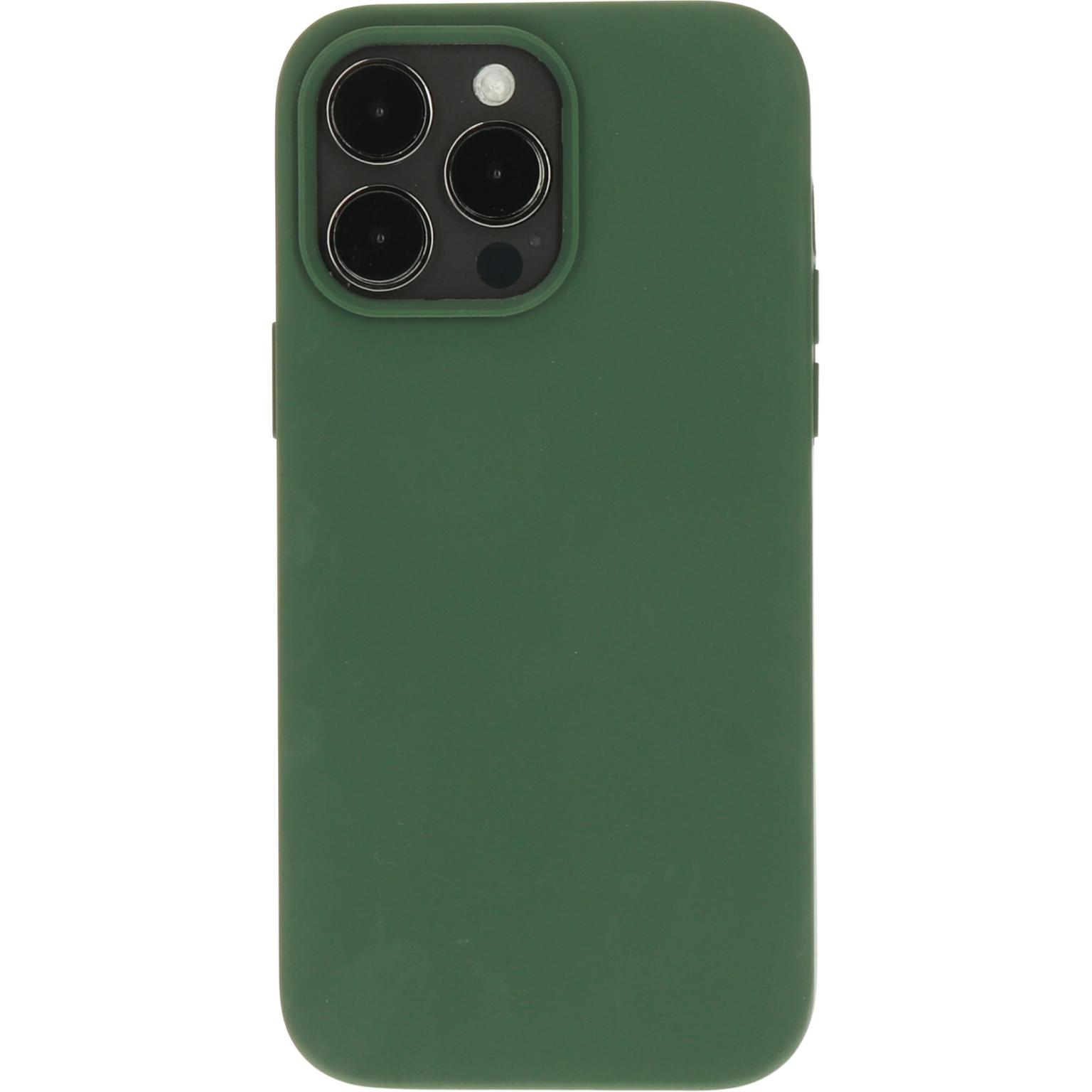 Een donkergroene telefoonhoes met een camerabult. De hoes bedekt de telefoon.