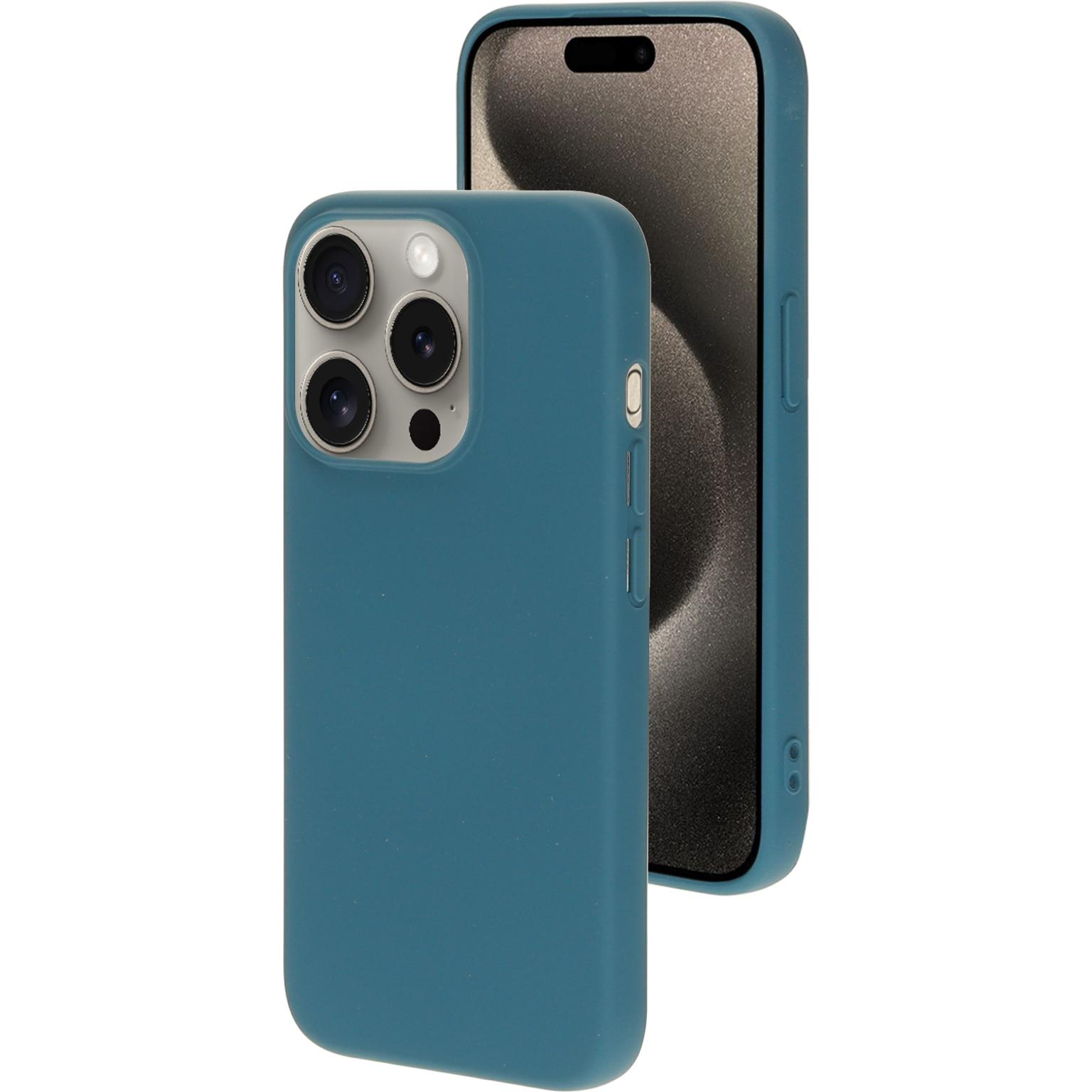 Een blauwe telefoonhoes en telefoon. De telefoon heeft de camera en flitser aan de zijkant.