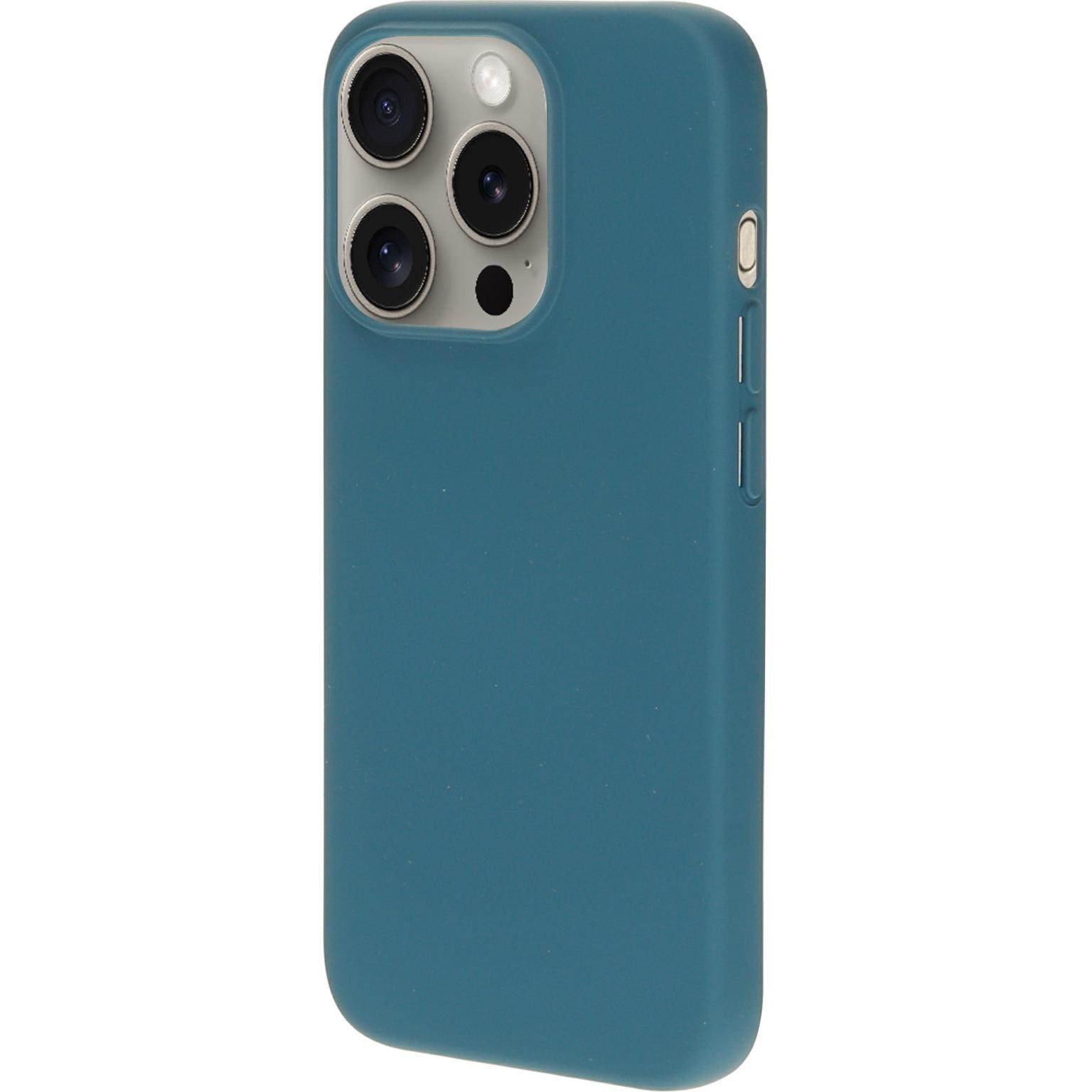 Blauwgroene telefoonhoes met camera-uitsparingen.