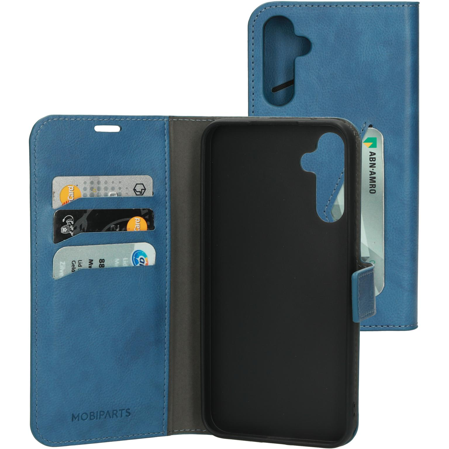 Een blauwe telefoonhoes met een telefoon en sleuven voor kaarten.