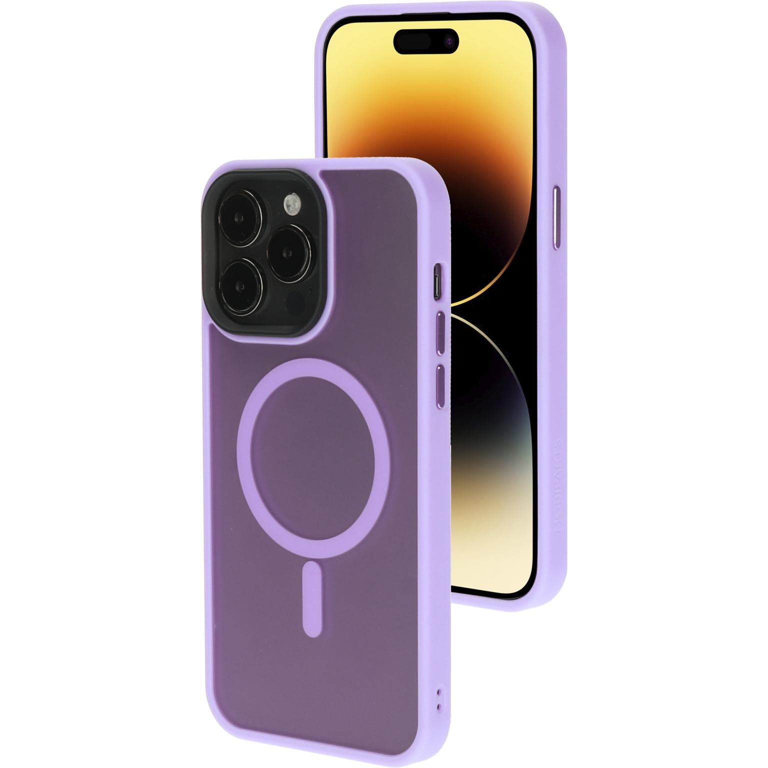 Twee telefoons: een met een paarse hoes en de andere zonder, met een geel scherm. De hoes heeft een cirkel.