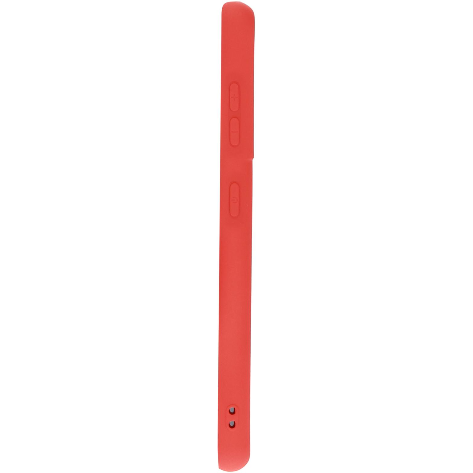 Een rode telefoon. De zijkant van de telefoon is zichtbaar, met knoppen en een gebogen rand.