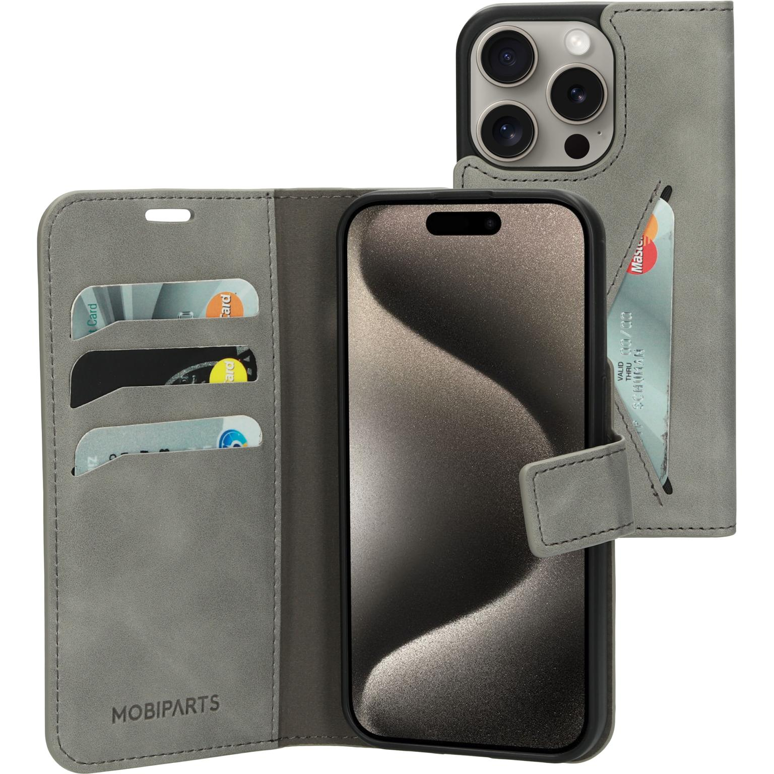 Grijze telefoonhoes geopend, met telefoon- en kaartsleuven. Inclusief creditcards en het MobiParts-logo.