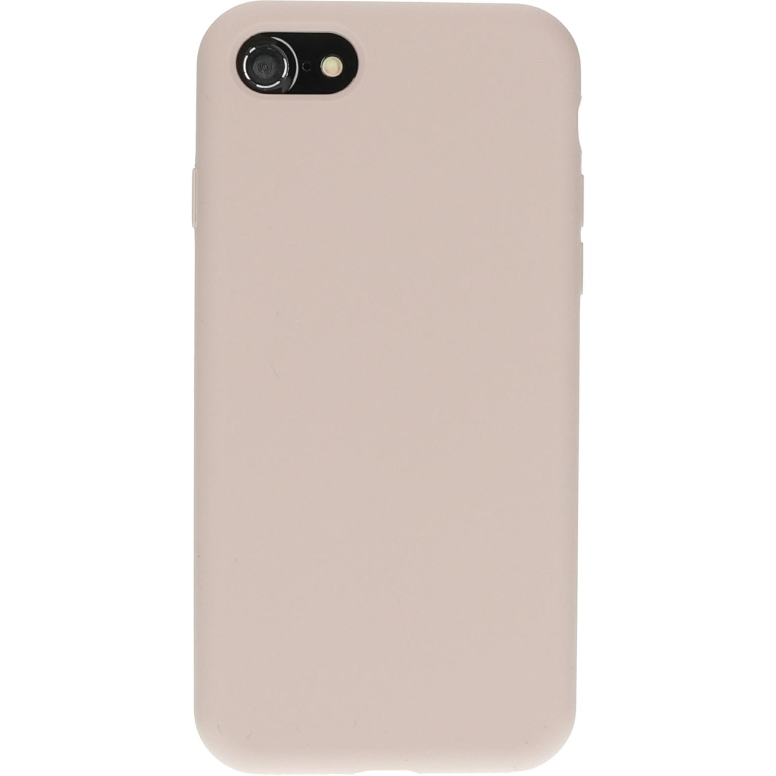 Een taupe telefoonhoesje met een enkele camera-uitsparing. Staat rechtop.