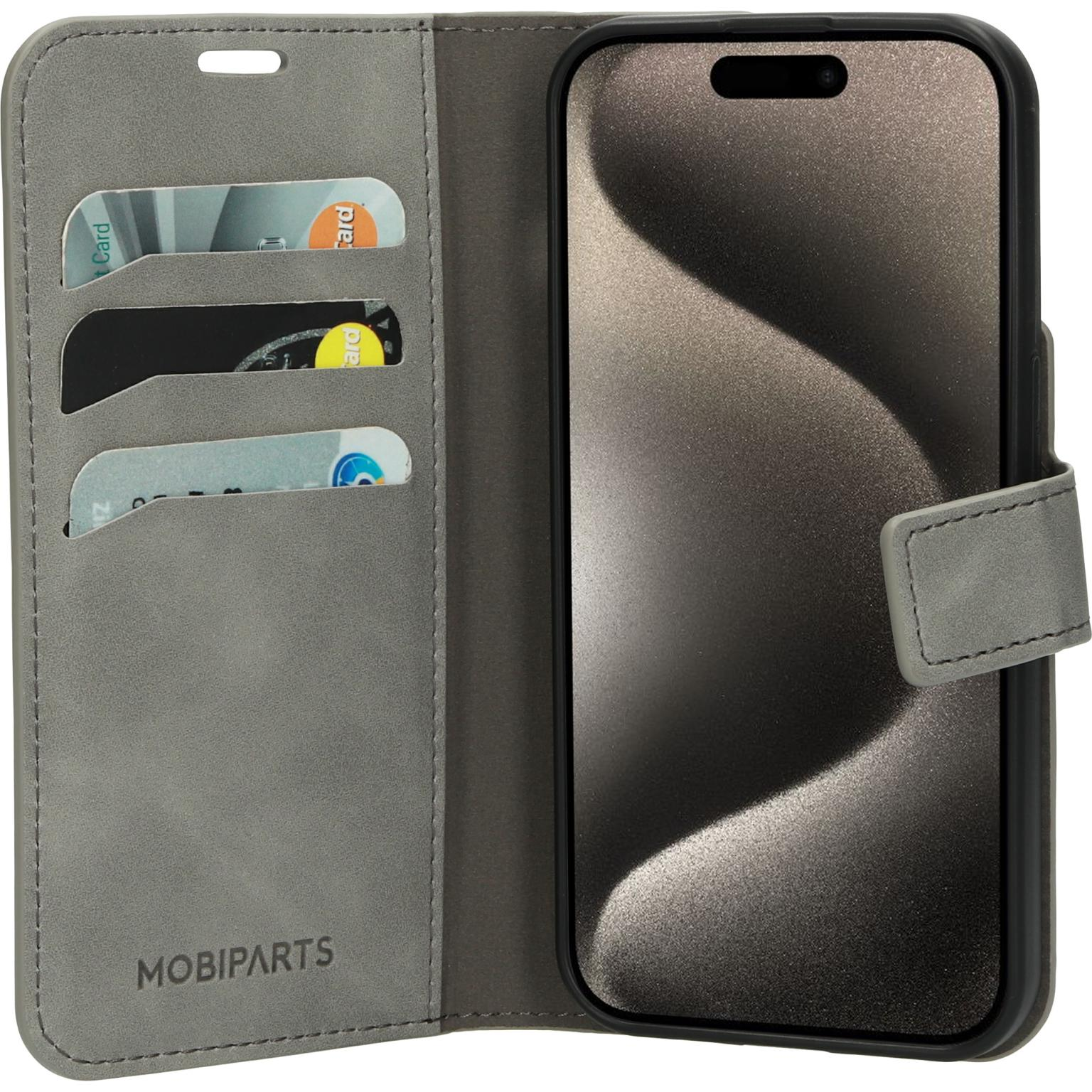 Grijze telefoonhoes open met telefoon erin. Open telefoonhoes met kaartsleuven. Schuine opname.