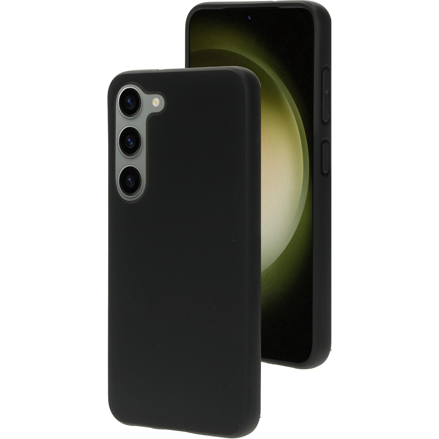 Zwarte telefoonhoes. Achterkant omhoog. Cameralenzen zichtbaar. Witte achtergrond.