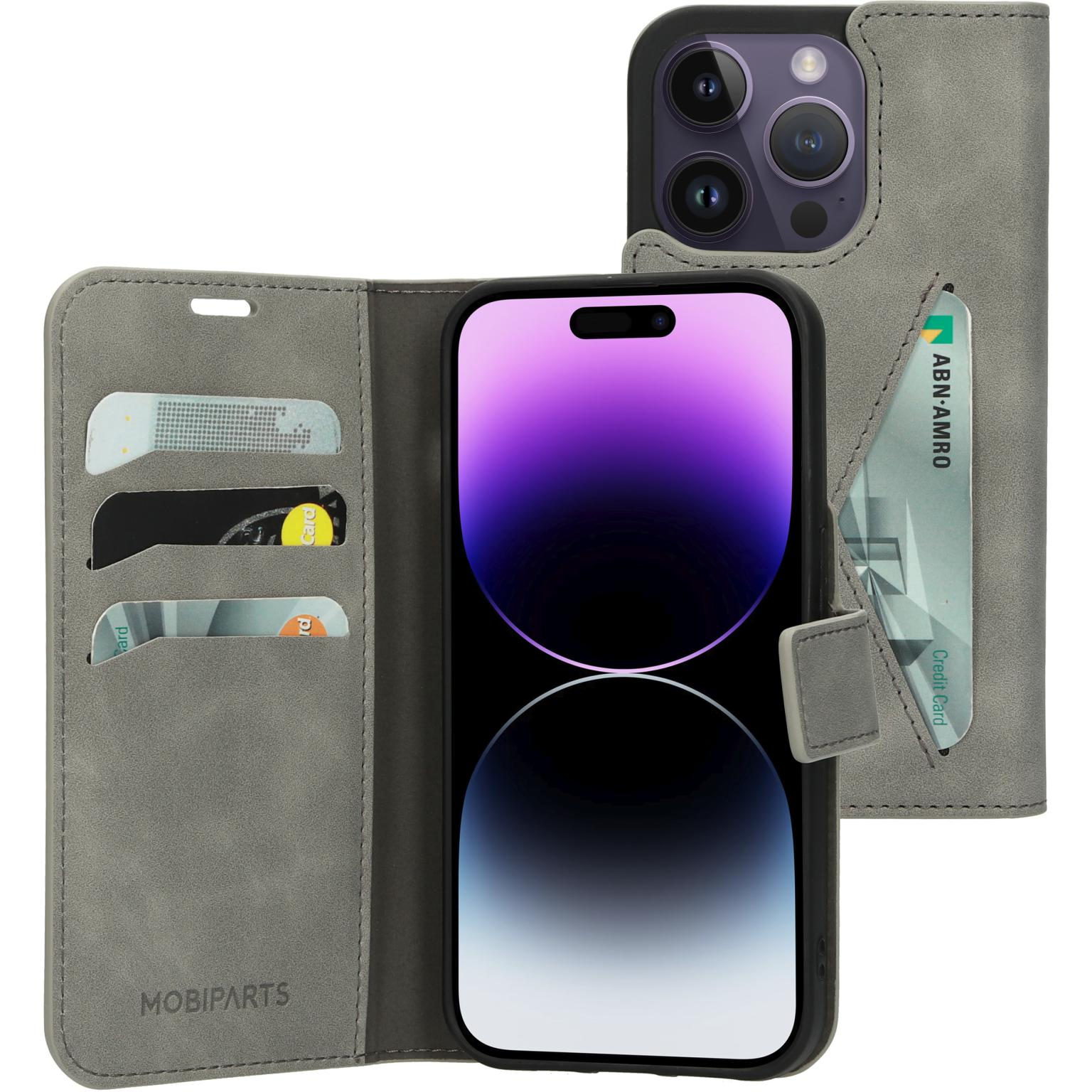Grijze telefoonhoes met kaartsleuven, telefoon open.