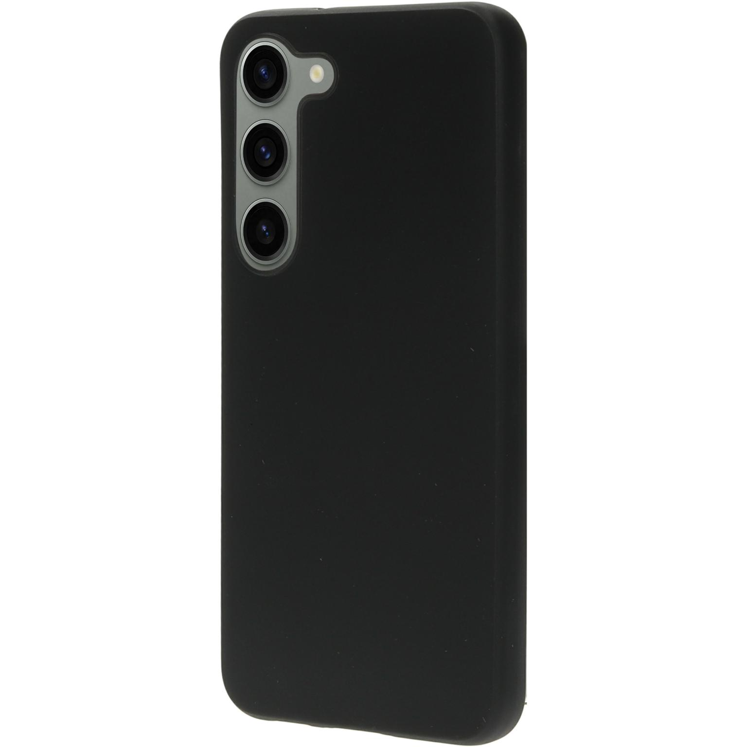 Een zwarte telefoonhoes met drie camera's.