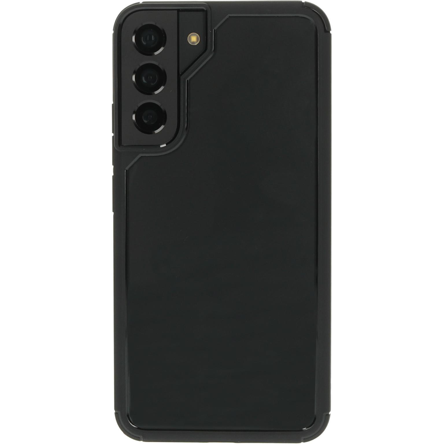 Een zwart telefoonhoesje. Het hoesje is leeg en heeft een cameragat. Het heeft een gat voor de aan/uit-knop en volumeknoppen.
