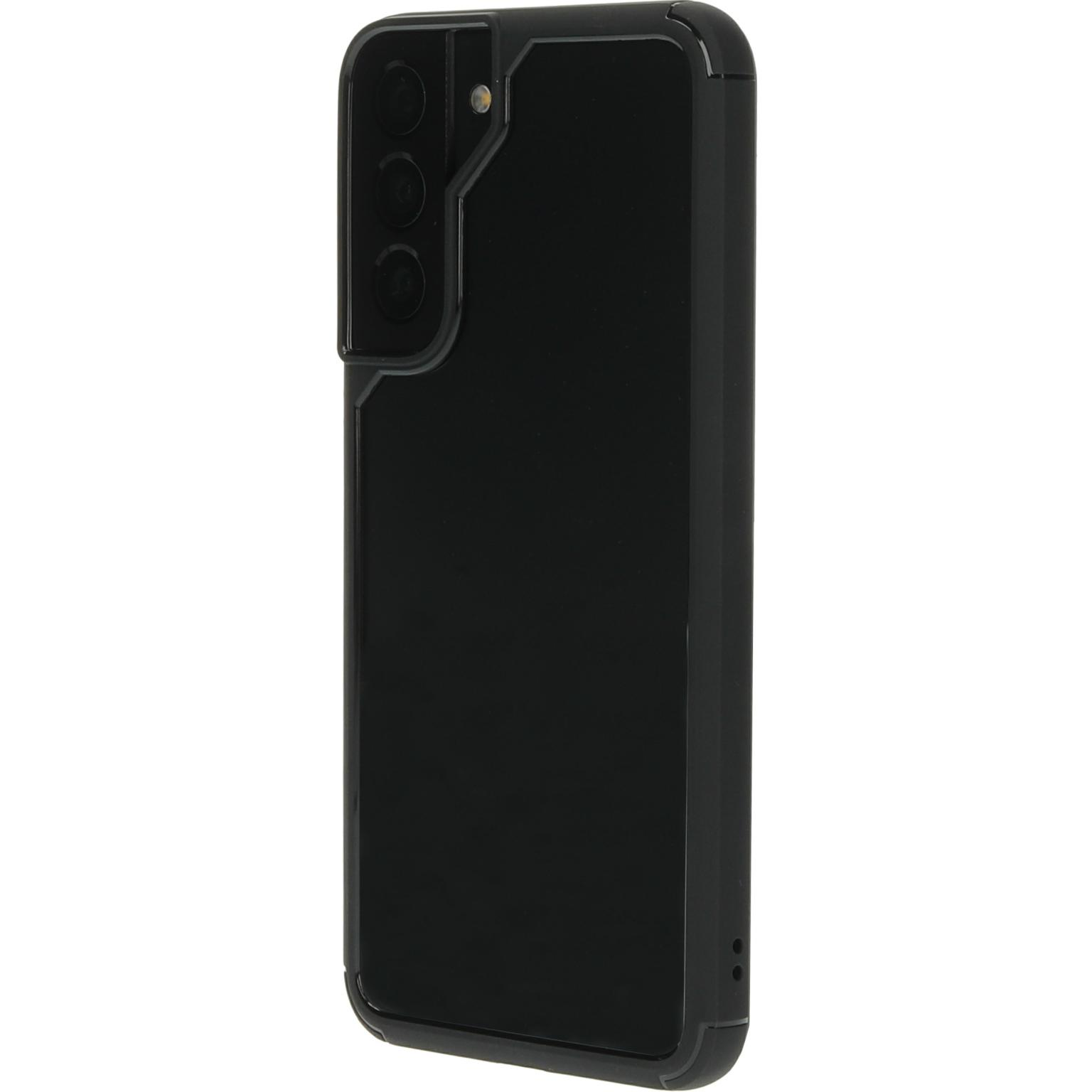 Een zwarte telefoonhoes met drie camera's. De hoes bedekt de telefoon.