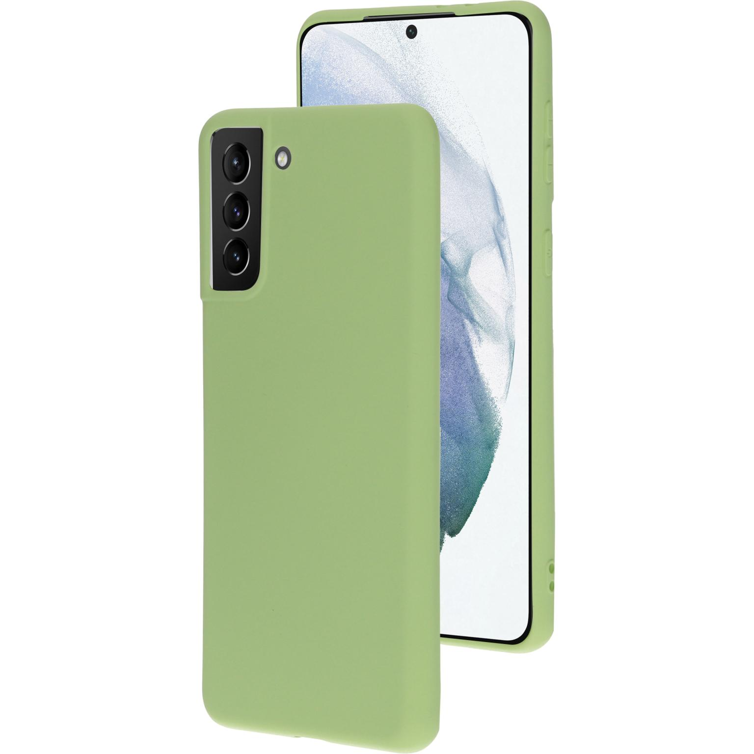 Lichtgroene telefoonhoes, met telefoon erin.