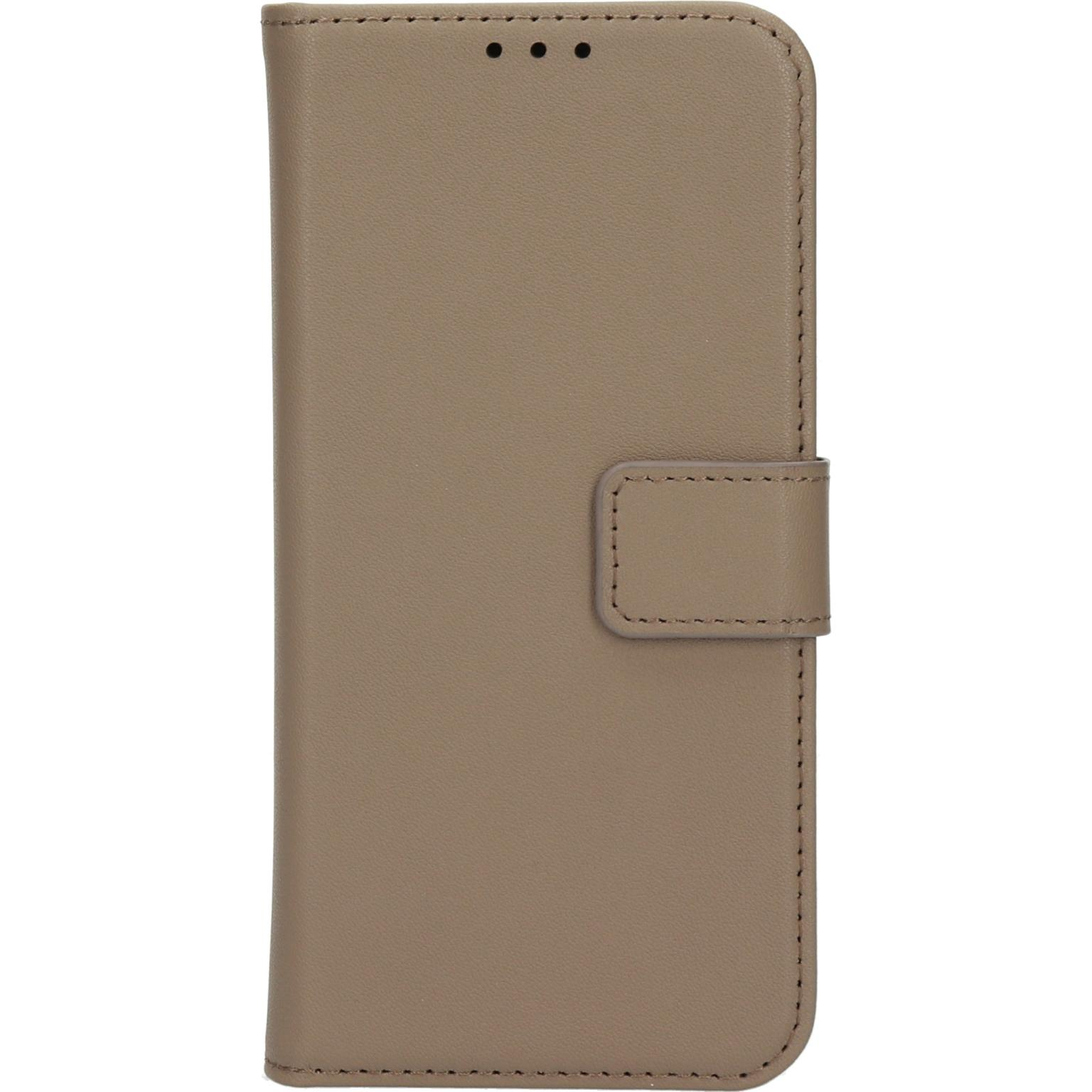 Bruine telefoonhoes met een flap om hem te sluiten. De hoes is verticaal.