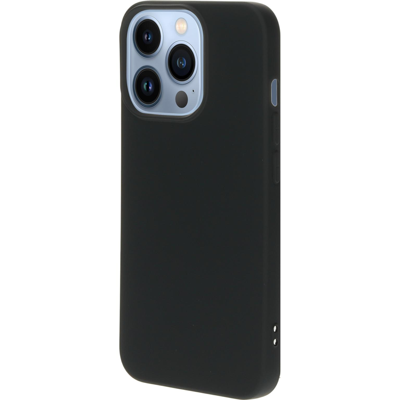 Zwarte telefoonhoes. Het camera gebied is zichtbaar. De hoes is glad.