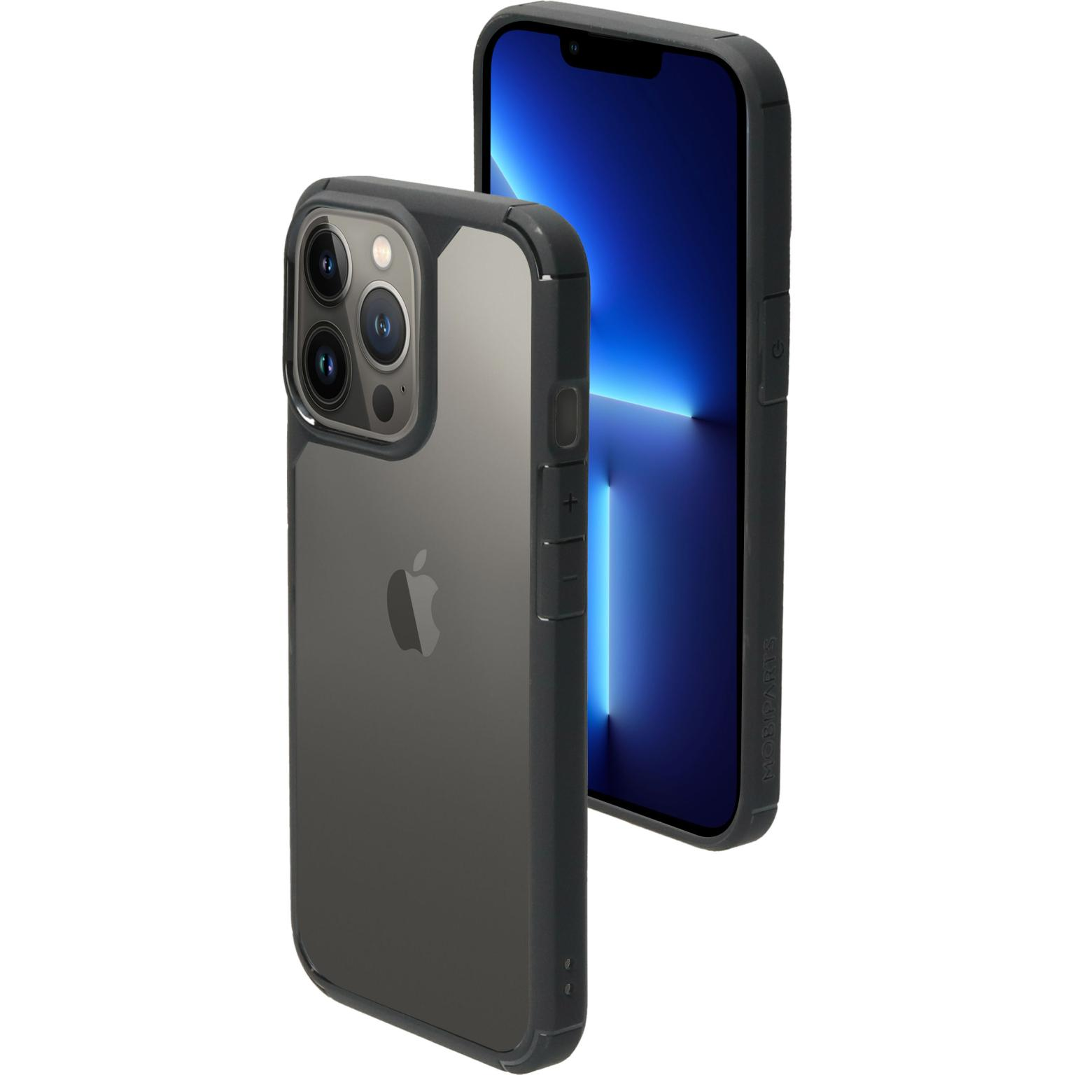 Een telefoon in een zwarte en doorzichtige hoes. De hoes zit op de telefoon. Een andere telefoon erachter.