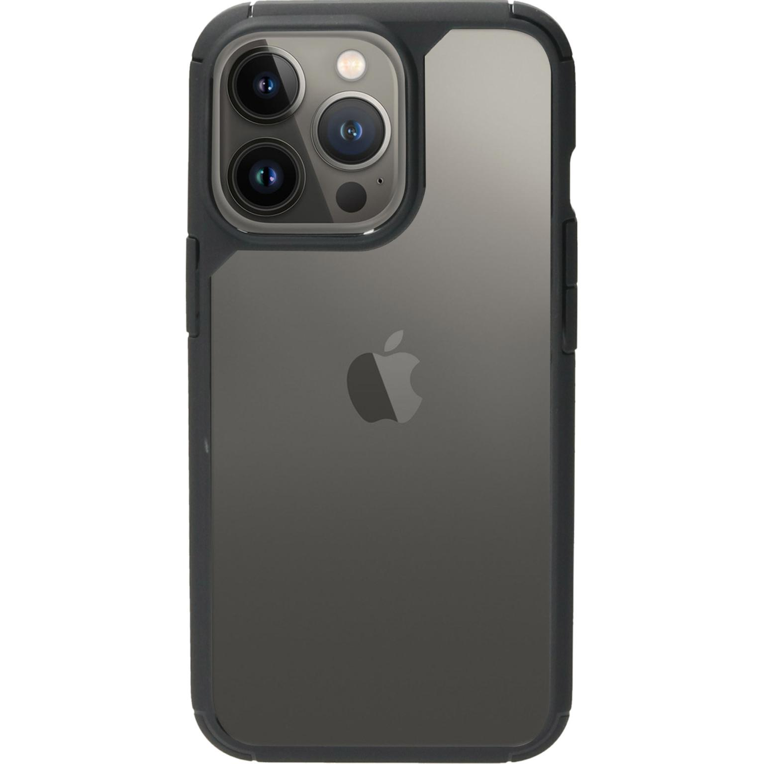 Een telefoonhoesje, donkergrijs en zwart, met zichtbaar cameragedeelte. Er staat een Apple-logo op de achterkant.