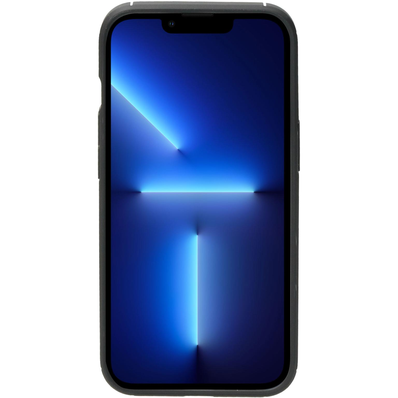Een telefoon met een blauwe achtergrond. De telefoon zit in een zwart hoesje. De telefoon staat aan.
